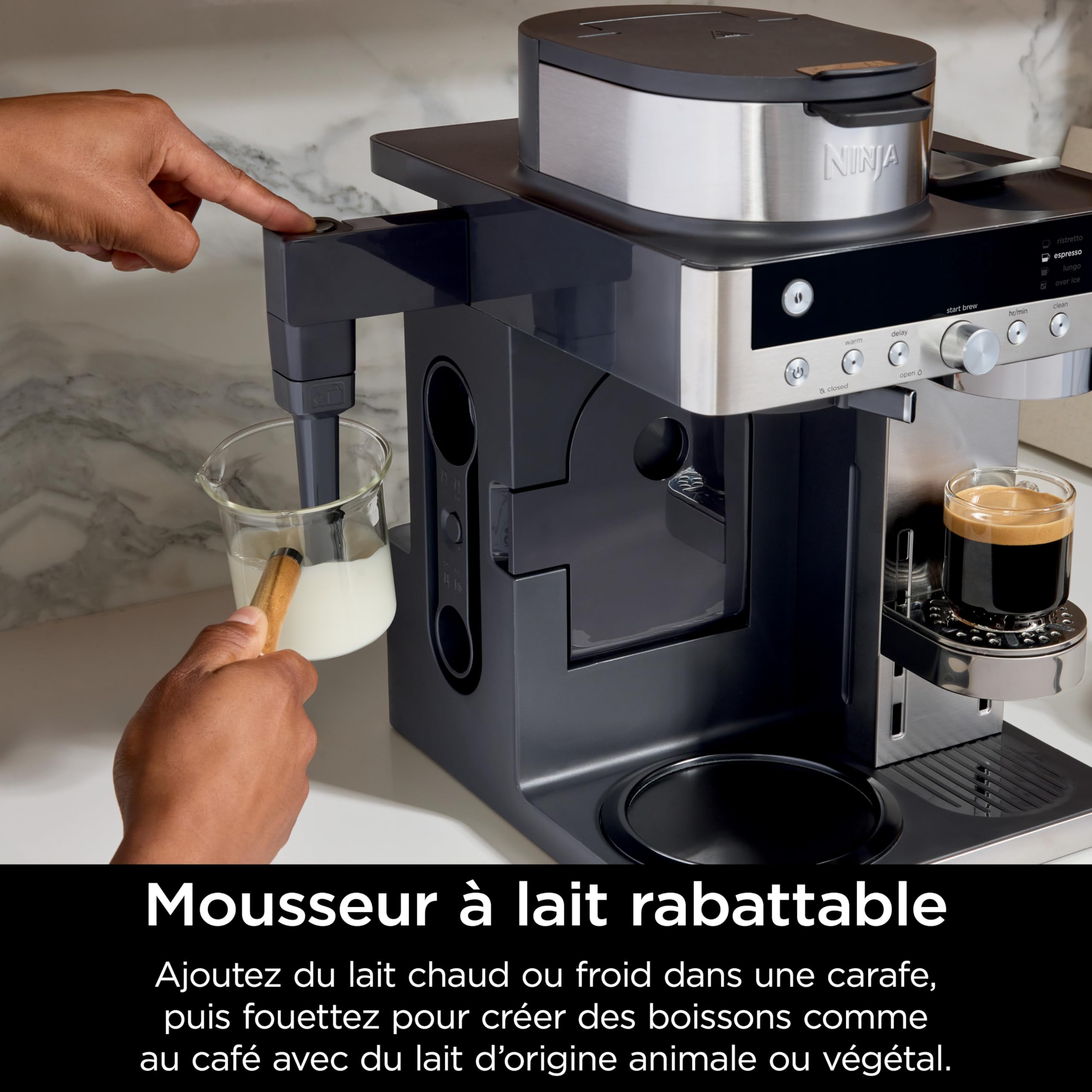 Ninja Prestige Machine à café filtre et capsules 2-en-1 Ninja Prestige avec buse à lait intégrée, pour réaliser lattes, cafés glacés et flat whites, Noir CFN802EU