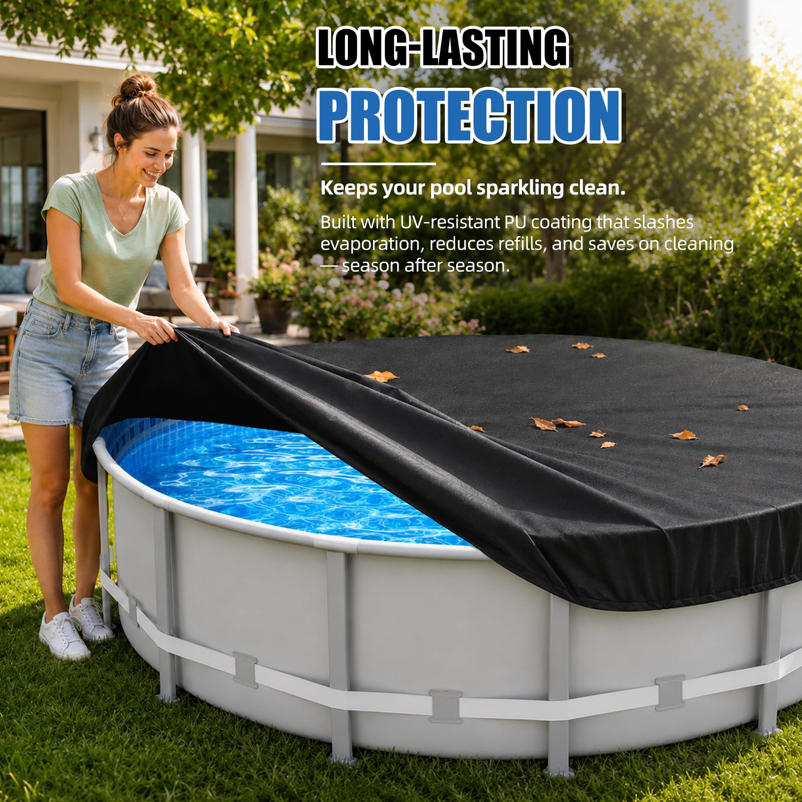 Bâche de piscine ronde Ø 366, 420D - Pour l'été et l'hiver - Pour piscine de 320 à 360 cm de diamètre - Étanche - Protection UV - Avec cordon de serrage et ancrages au sol - Pour piscines