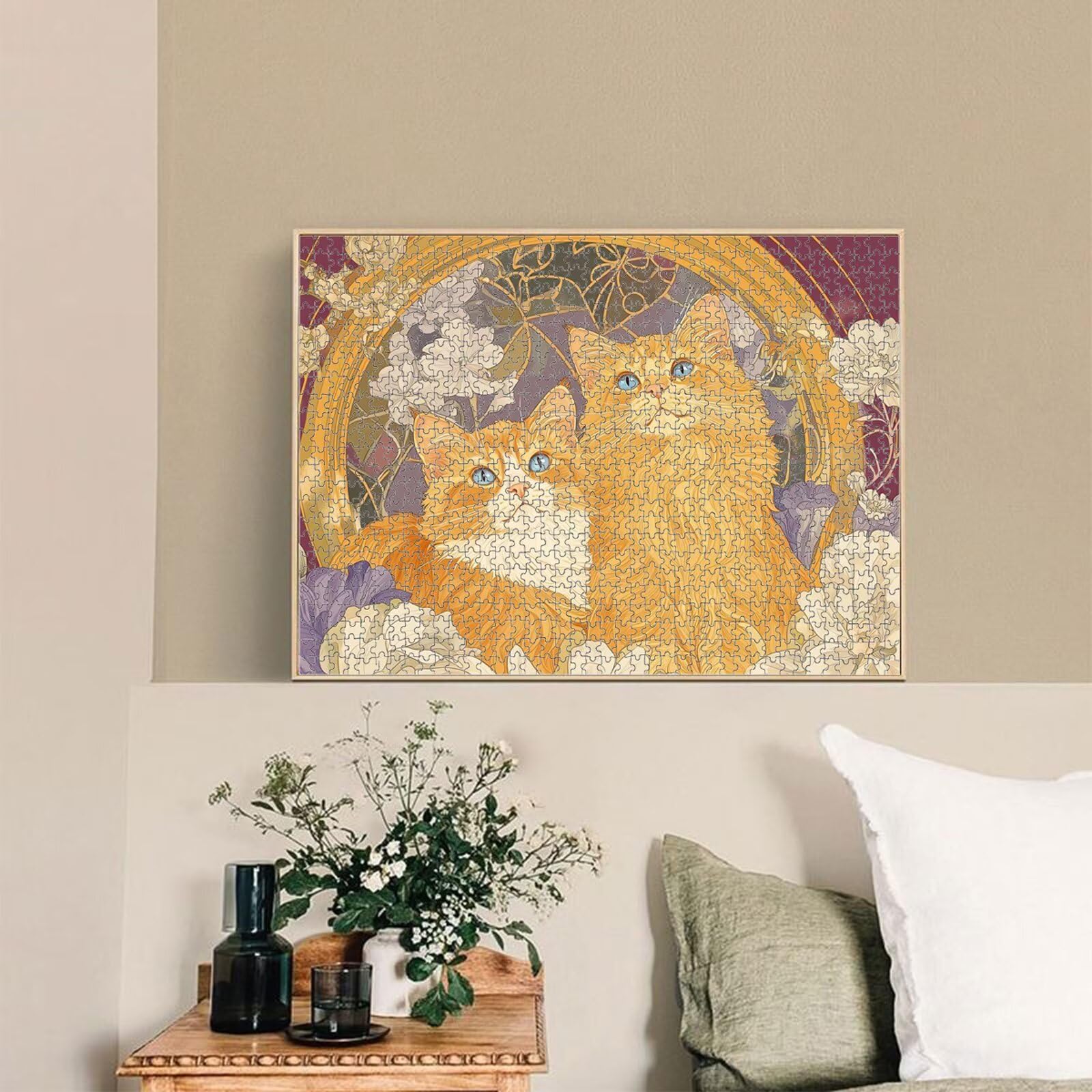 1000 elementów puzzle dla dorosłych kwiat i kot solidne drewniane puzzle 1T#543 | Drewniane puzzle, precyzyjne cięcie, jasne atramenty, relaksujący wypoczynek, wystrój domu, prezent, 50x75cm