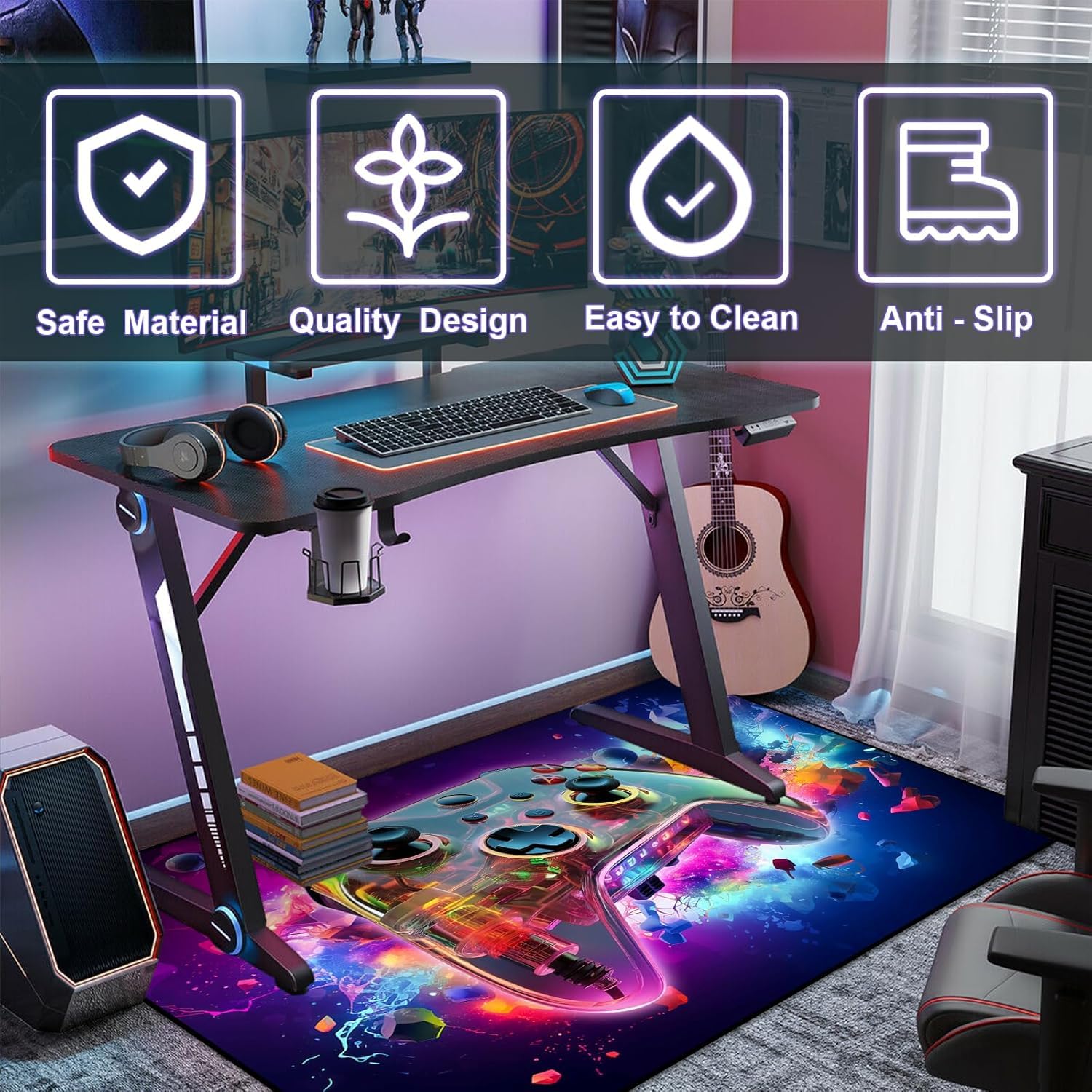 Alfombra Habitacion Juvenil Infantil Impresiones Visuales 3D Geometría Neón Alfombra Gamer Suelo Fondo Antideslizante Franela Suave Alfombra Salon Grande Para Tapizar Muebles (Azul,160x230cm)