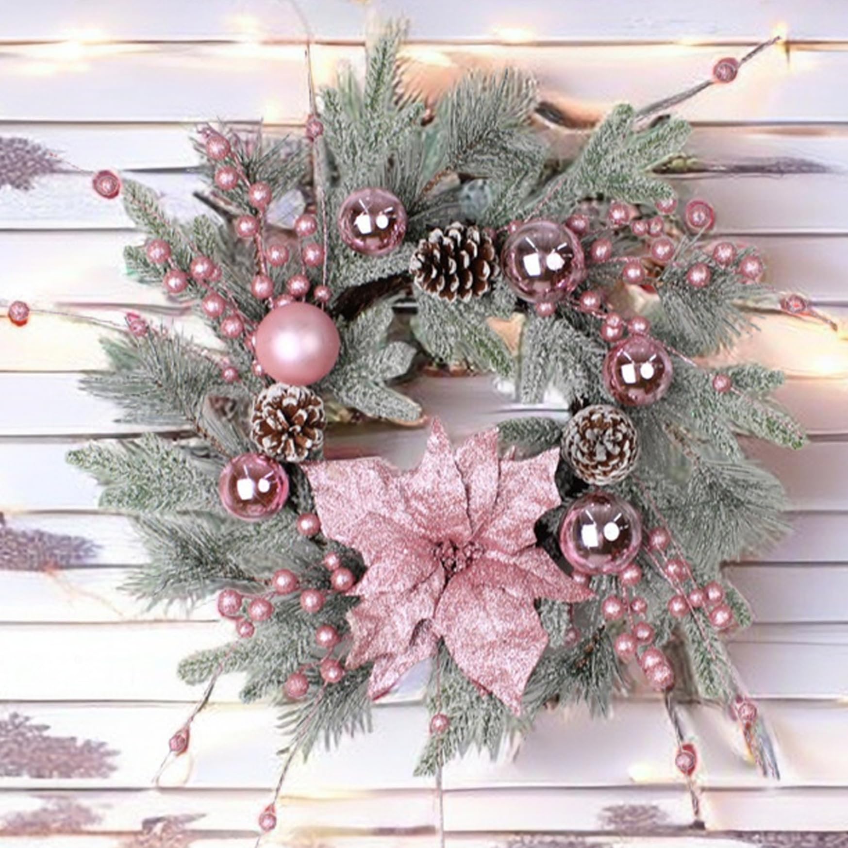 Weihnachtskranz, 50, 8 cm, künstliche Weihnachts-Türdekoration, Kranz mit Tannenzapfen, Kugeln, Tannennadeln und roten Beeren für Tür, Fenster, Outdoor, Heimdekoration