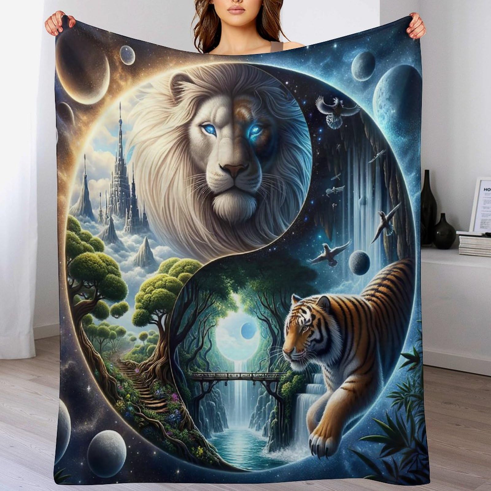 Couverture jeté flannel lion très doux et chaud de 130x150cm pour canapé