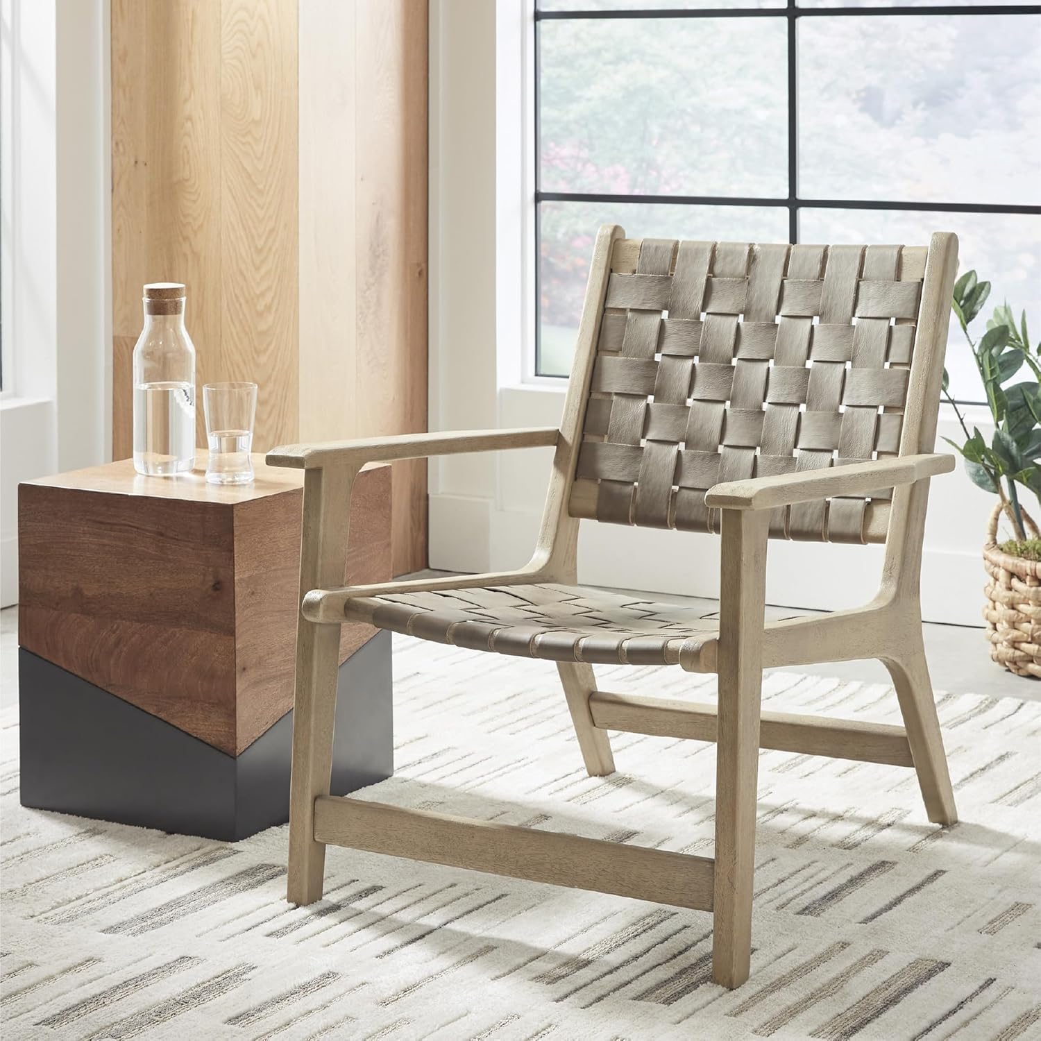 Signature Design by Ashley Jameset Mid-Century Modern Accent Chair with Foot Rest, Leather Woven Strips and Tight Seat, Light Brown