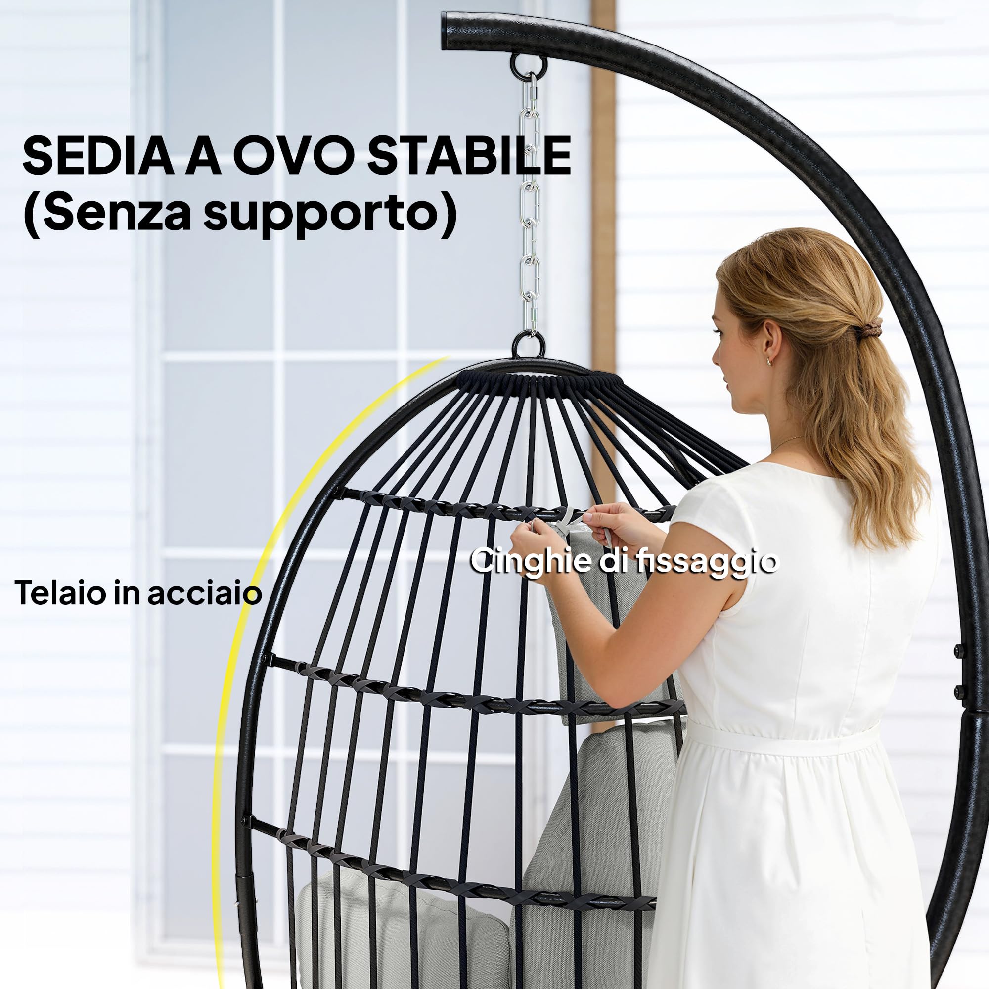 Outsunny Poltrona Sospesa a Uovo con Gancio, Cuscino Imbottito, Poggiatesta, Portabicchieri, Sedia a Dondolo da Giardino Pieghevole, in Acciaio, per Interni ed Esterni, 75x62x107 cm, Grigio