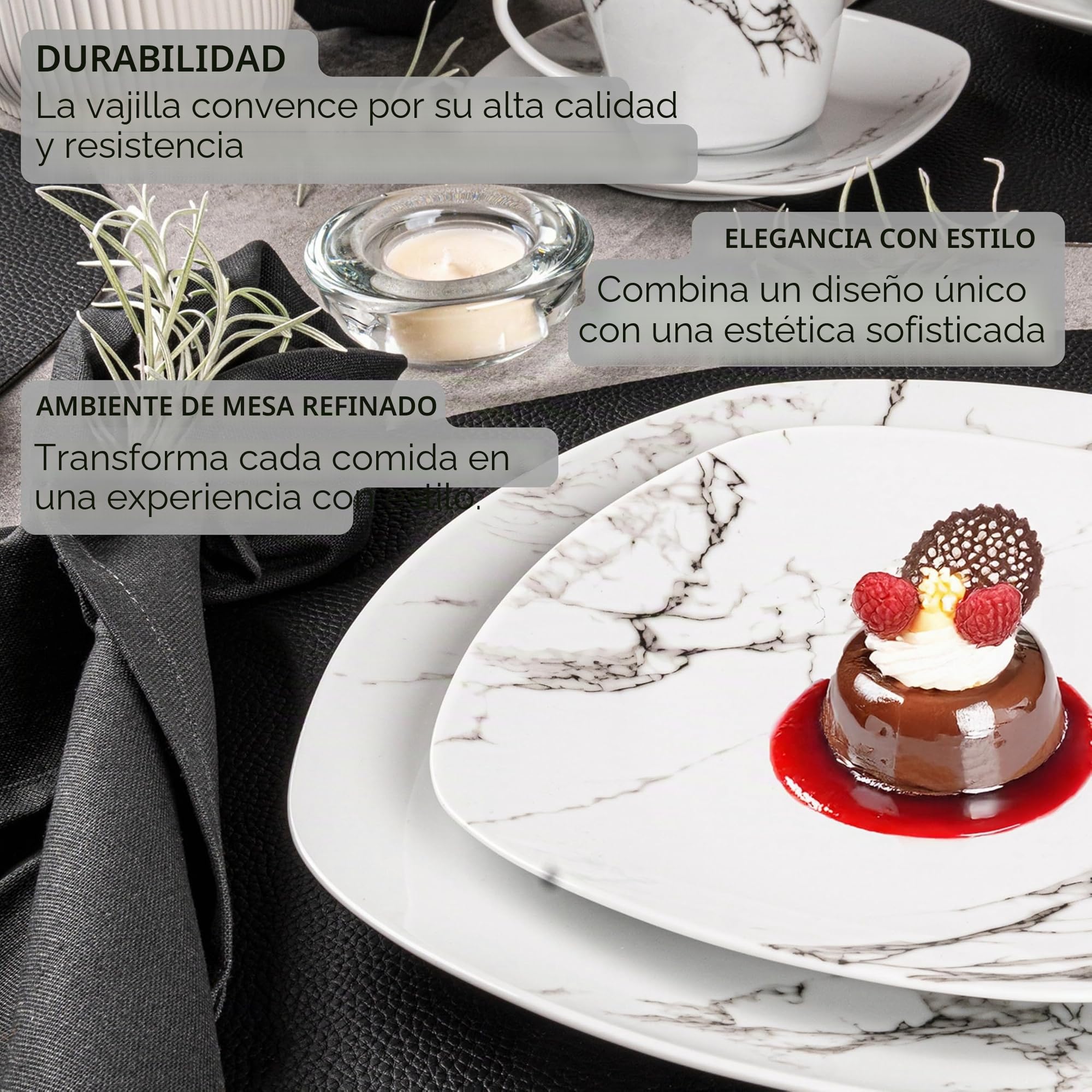 SÄNGER Vajilla Bilgola de mármol blanco, juego de 18 piezas para 6 personas con platos de sopa y postre y platos llanos de porcelana, juego de platos, vajilla rectangular, colección premium