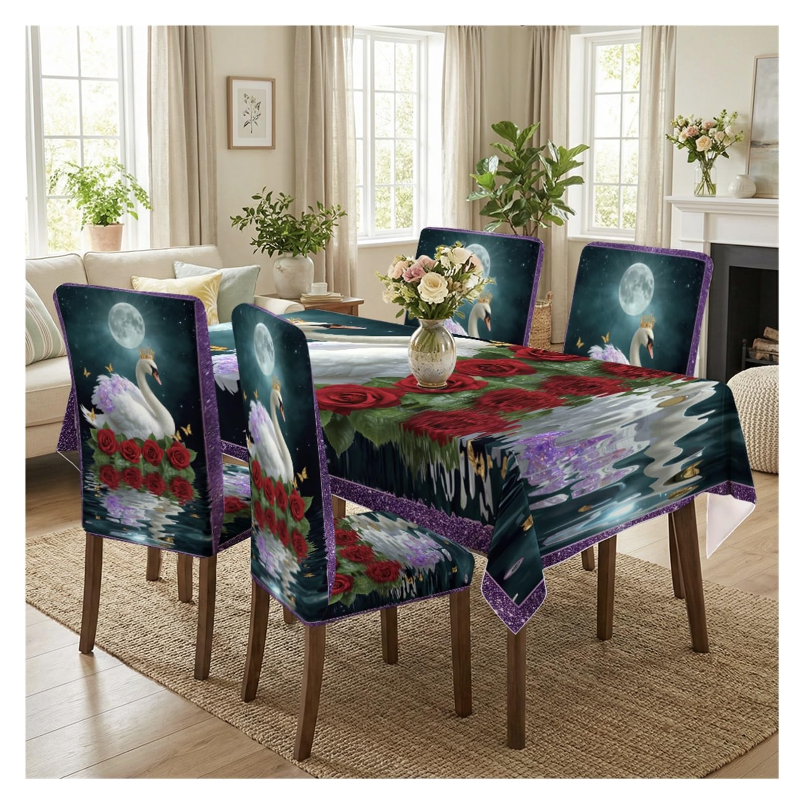 BOSUYBN Moonlight Swan Rose Dining Chair Covers & Tablecloth Set, 5/7 Piece Dreamy Purple Glitter Slipcovers For Romantic Home Decor Table Setting(5pcs Set: Tablecloth+Chair Covers)