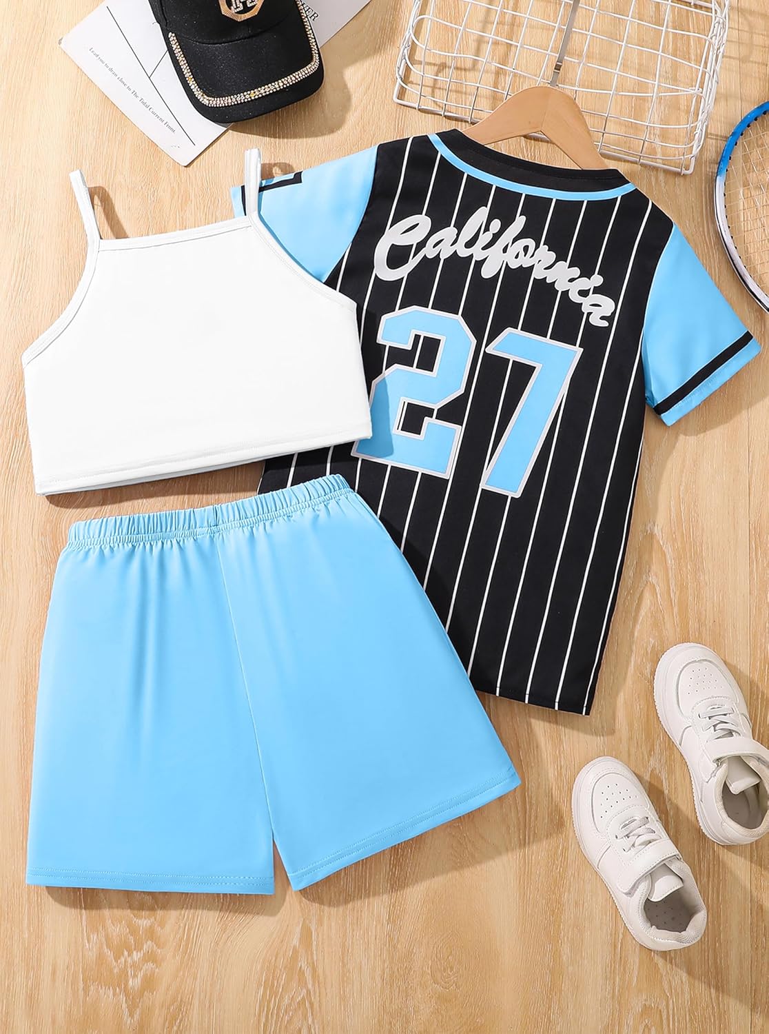 Hilinker Girls Graphic 3 Piece Outfits Short Sleeve Striped Cardigan and Crop Cami with Shorts Set