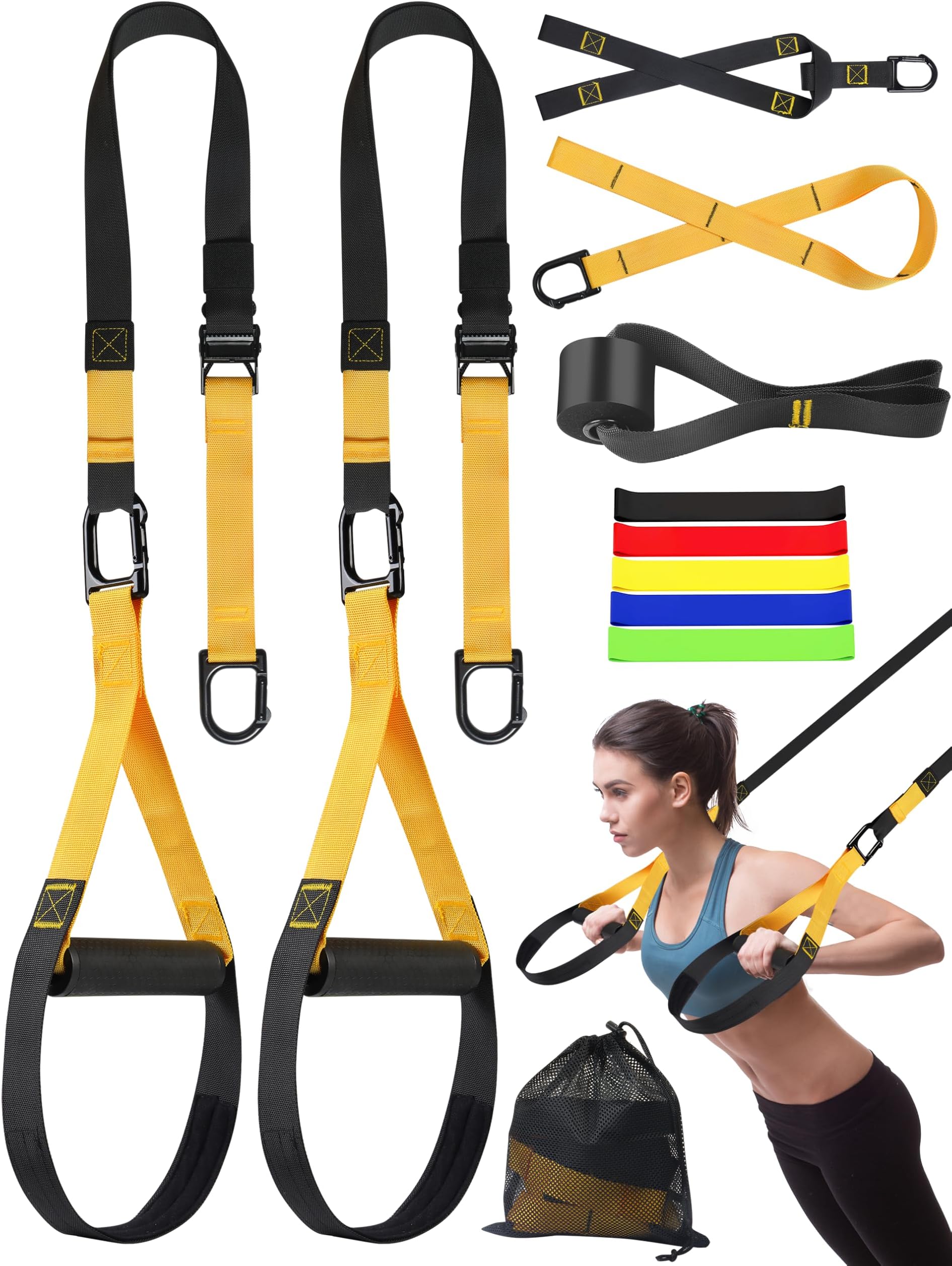 Home Resistance Training Kit, Suspension Trainer Exercise Straps with Handles for Full-Body Workout with 5 Resistance Bands, 1 Carrying Bag and 1 Door Anchor for Home Gym Equipment or Outdoor Workouts