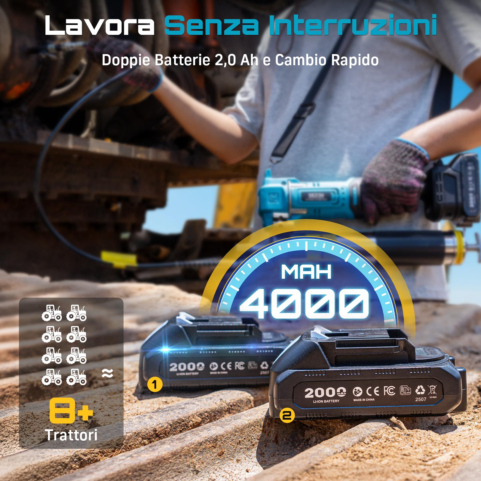 Seesii Ingrassatore a Batteria: 6,4 oz/min 10000 PSI Efficienza Pistola per Grasso Elettrica, 2* Batteries 2000 Ah e Caricabatterie, Tubo Flessibile da 39,4”,Progettata per Macchinari Pesanti