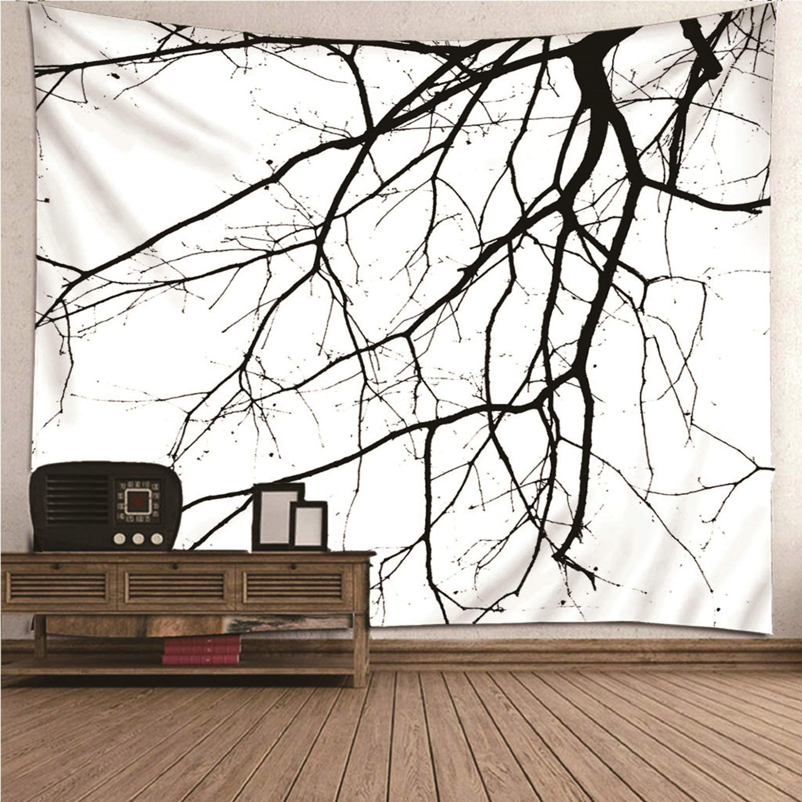 Tapiz 3D Tela Suelo De Habitación Patrón Ramas Tema Minimalismo Blanco Negro Hippie Infantil para Decoración Sala Estar del Dormitorio 260X240Cm