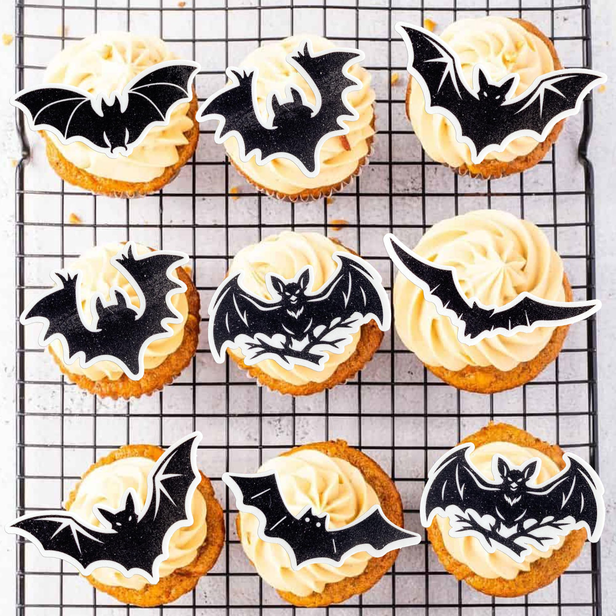 Gyufise 56Pcs Halloween Bat Cupcake Toppers Wafer Paper Halloween Bat Cupcake Picks Edible Bat Cake Decorations for Baby Shower Birthday Party Food Decorations Supplies Black