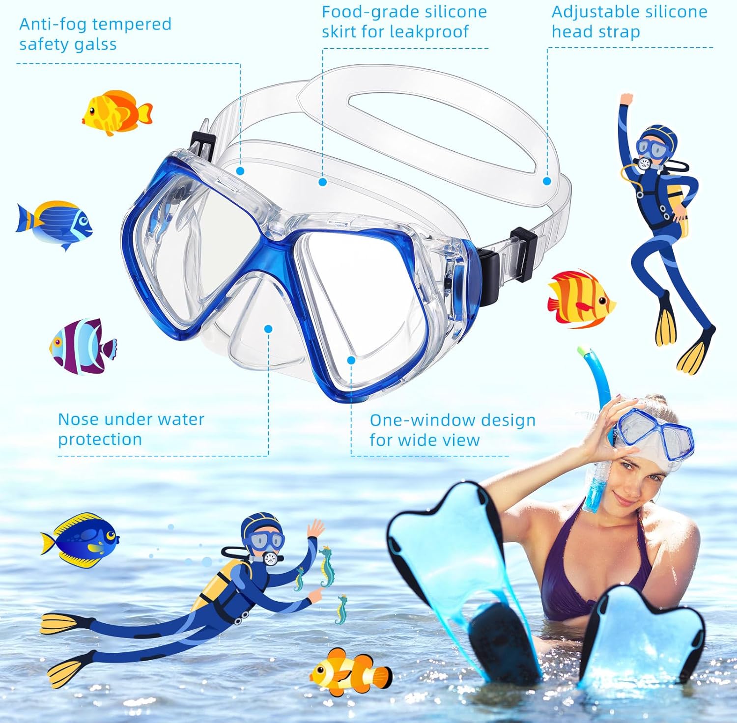 Fabbay 4 Pieces Adult Swimming Diving Goggles with Nose Cover Swim Mask Goggle Tempered Glass Snorkel Diving Mask Snorkeling Gear for Adults Youth