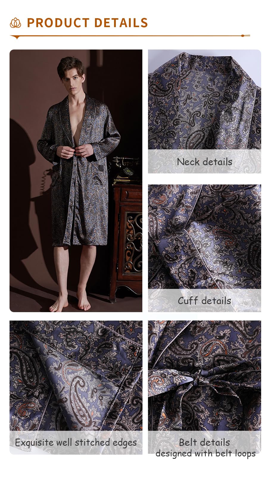Męski szlafrok w 100% z jedwabiu morwowego kimono szlafrok kąpielowy z nadrukiem paisley, ciężki jedwab 19 Momme szlafrok
