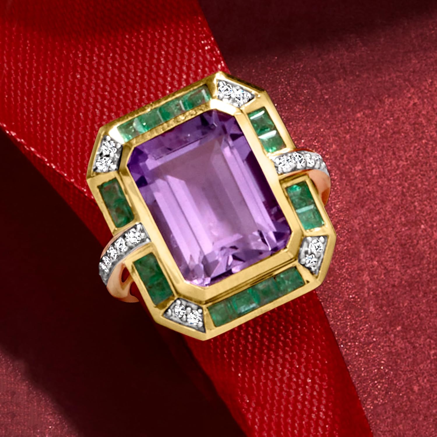 Ross-Simons 7.00 Carat Amethyst, .80 ct. t.w. Emerald and .20 ct. t.w. Diamond Ring in 14kt Yellow Gold