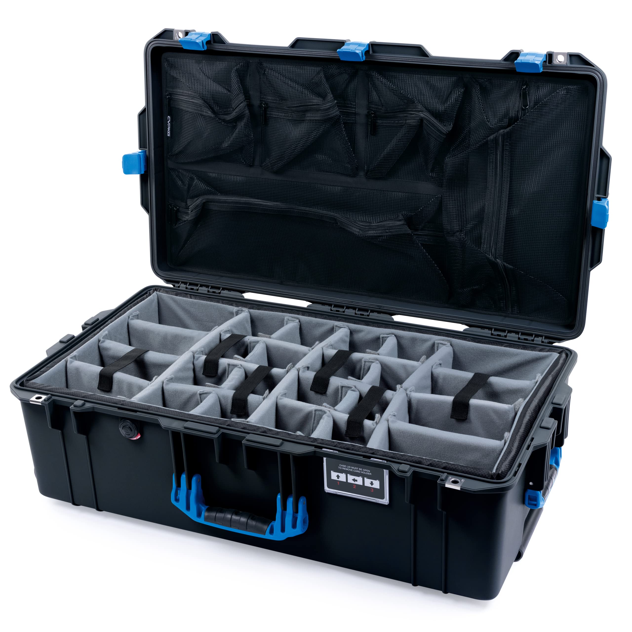 Pelican Color Case Black Pelican 1615 Air case with Blue Handles & latches. Comes with Grey Padded dividers & lid Organizer.