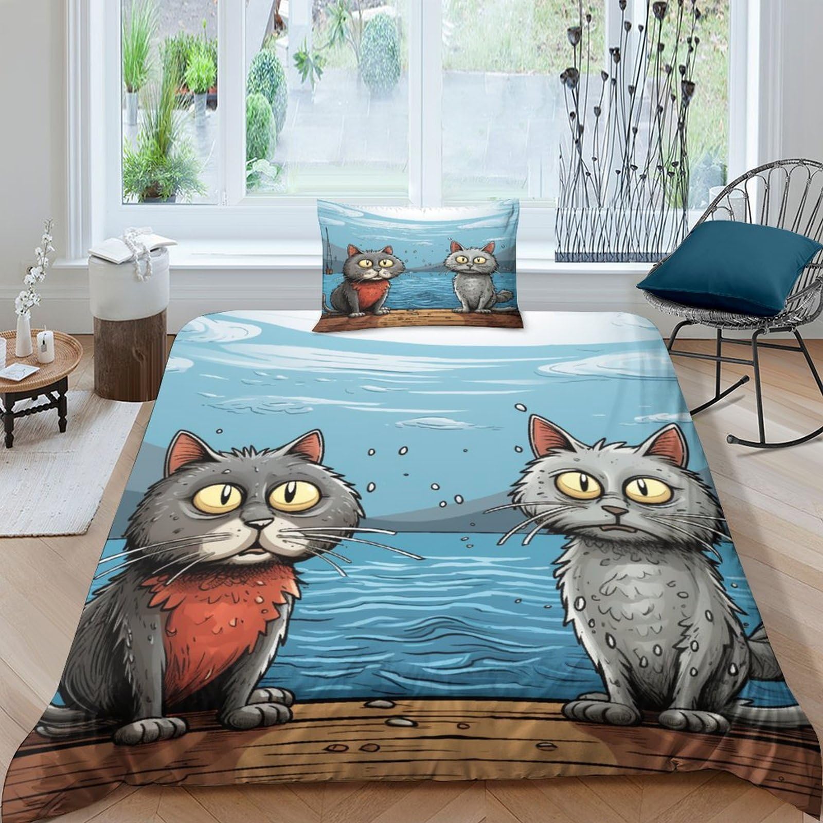 Housse de couette chat 3D 135x200 parure de lit enfant en microfibre avec taie d'oreiller