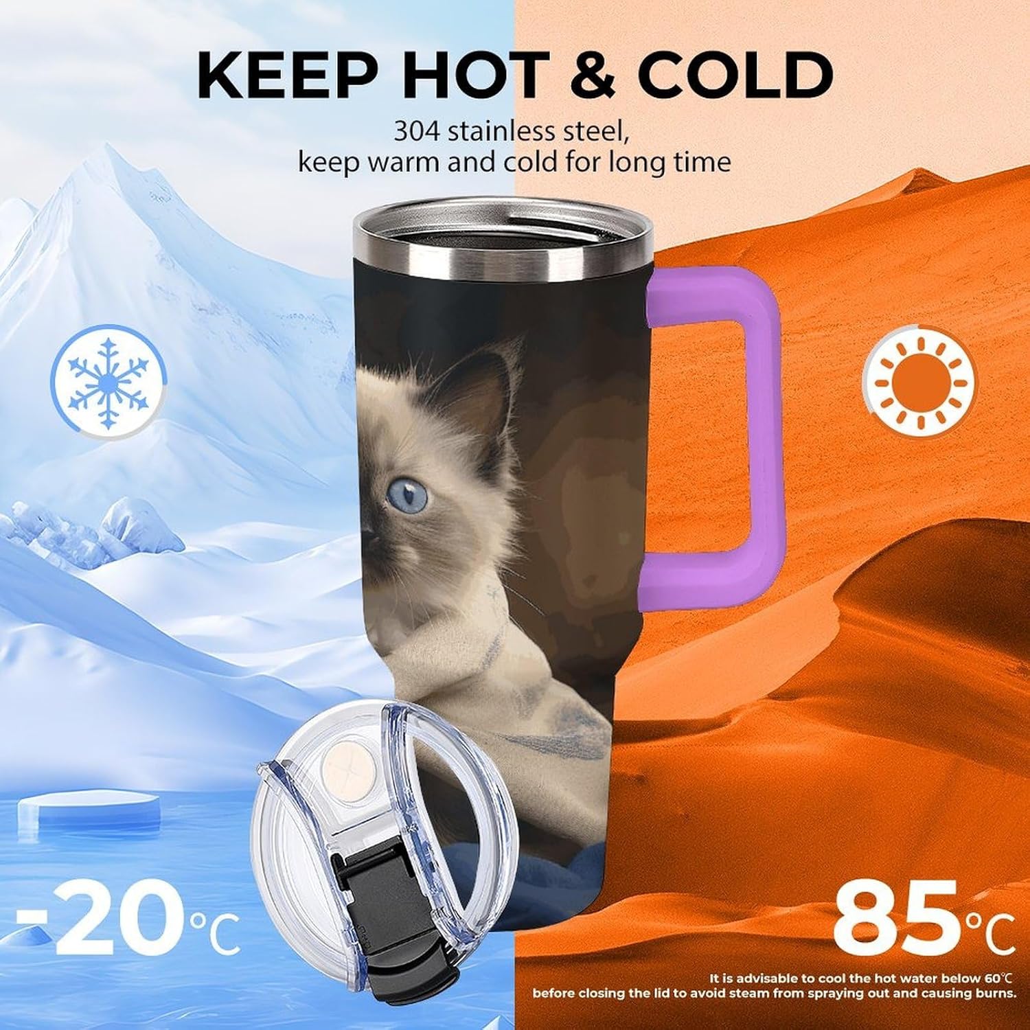 40 Oz Insulated Mug with Handle, Stainless Steel Cat on Blanket Printed Travel Mug Portable Leak-proof Large Car Mug for Home, Office Or Car