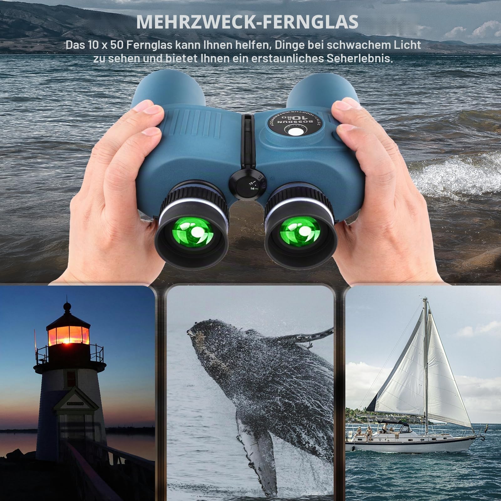 10x50 Marine Fernglas mit beleuchtetem Entfernungsmesser und Kompass, IPX7 wasserdicht, BAK4-Prismen, inklusive Trageriemen und Tragetasche (Blue)
