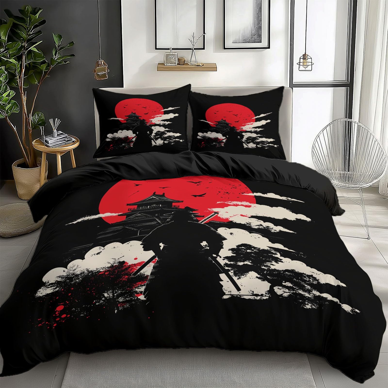 Générique Komplet pościeli 240 x 220 cm z mikrofibry z japońskim wzorem chmury, poszwa na kołdrę z nadrukiem japońskiego wojownika, z zamkiem błyskawicznym z 2 poszewkami na poduszki 65x65cm