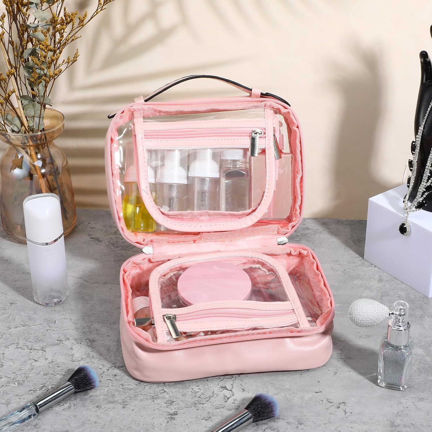 2 PCS traveling toiletry Case large clear cosmetics case makeup bag Dimensions | LxWxH:7.8” x 4.5” x 5.9”(pink, Medium) - Image 6