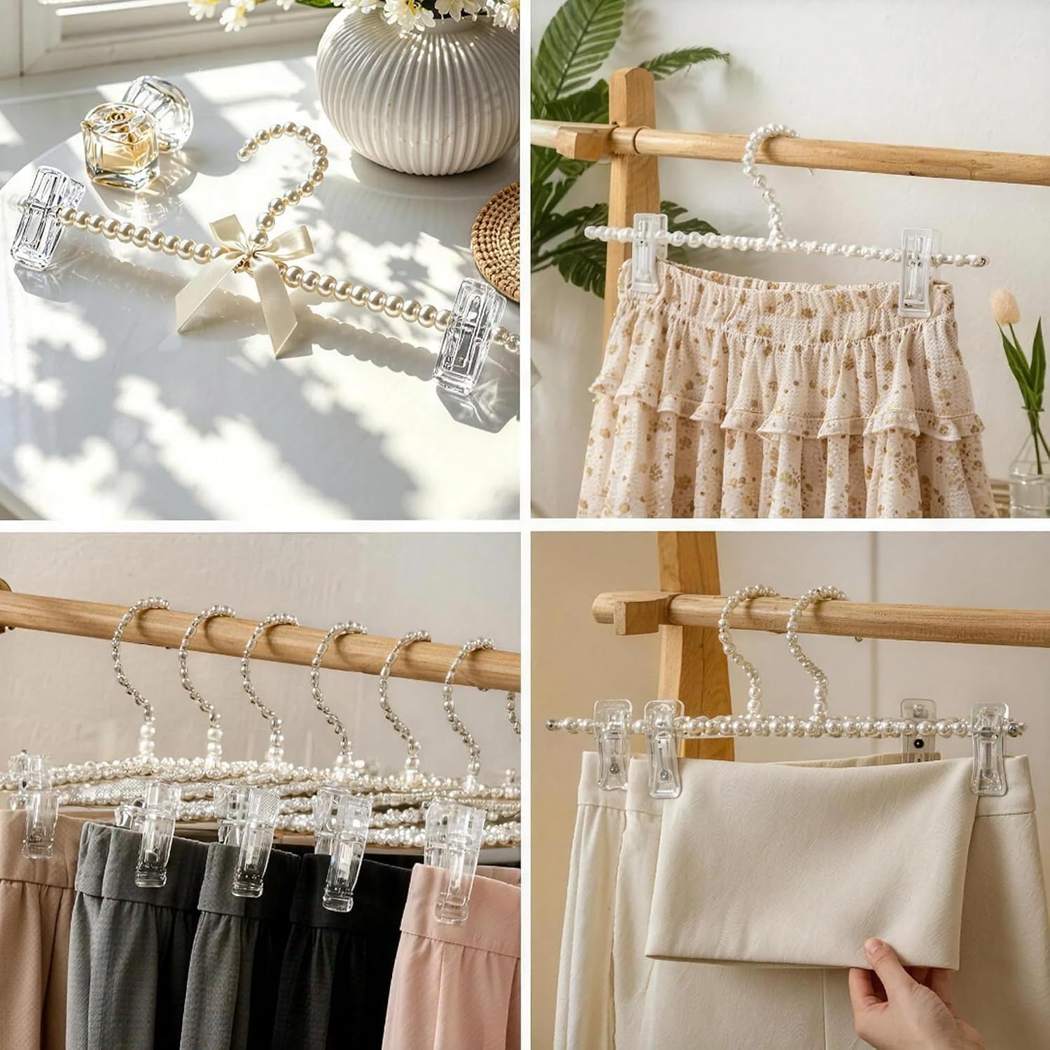 SHIDOW Pearl Dress Hangers, Bridal & Bridesmaid Bow Hangers, Plastic Clip Clothes Rack, Household Storage Organizer for Dresses, Shirts, Pants, Skirts, Bedroom Cabinet Wardrobe Use (3Pcs White)