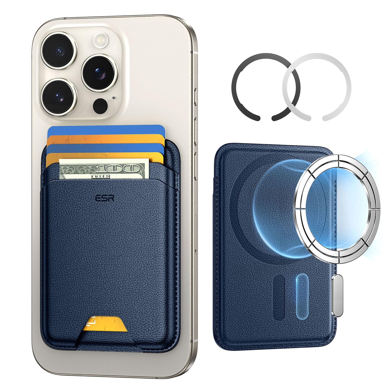 ESR Portafoglio per MagSafe, Blocco RFID, Forza Magnetica di 3200g, Può Conservare Fino a 5 Carte, Pelle Vegana, per iPhone Serie 17e/17/16/15/14/13/12 e Alcuni Dispositivi Samsung, Non per Mini, Blu