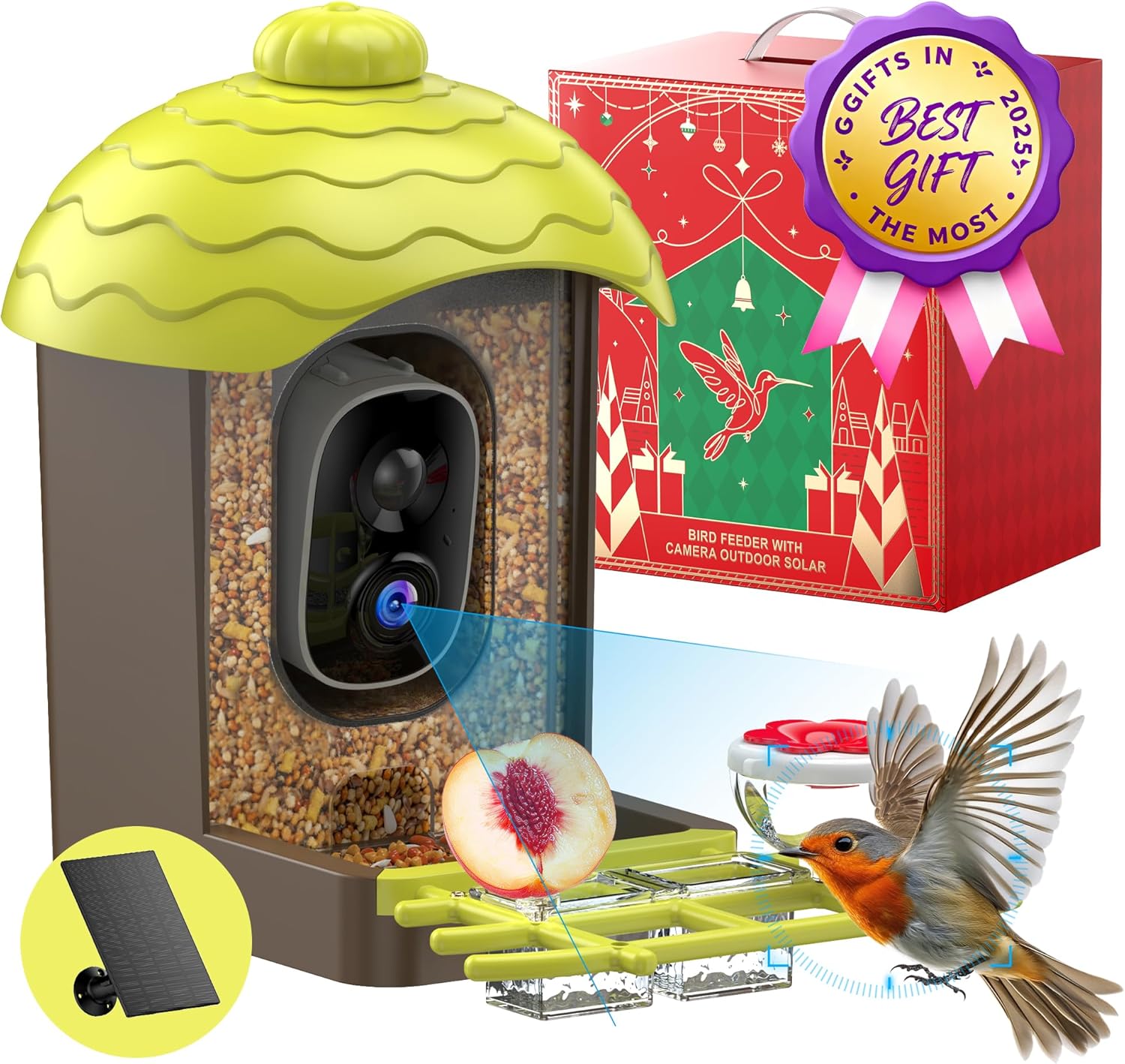 Smart Bird Feeder with Camera Outdoor: 2K Wild Bird Watching Video Cam - Unique Gifts for Nature Lover - Birds House Window at Garden IP66 Solar Charged & Squirrel-Proof Alarm