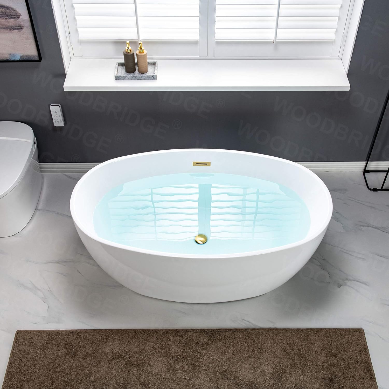 WOODBRIDGE 55" Acrylic Freestanding Bathtub Contemporary Soaking White Tub with Brushed Gold Overflow and Drain,B1418-BG