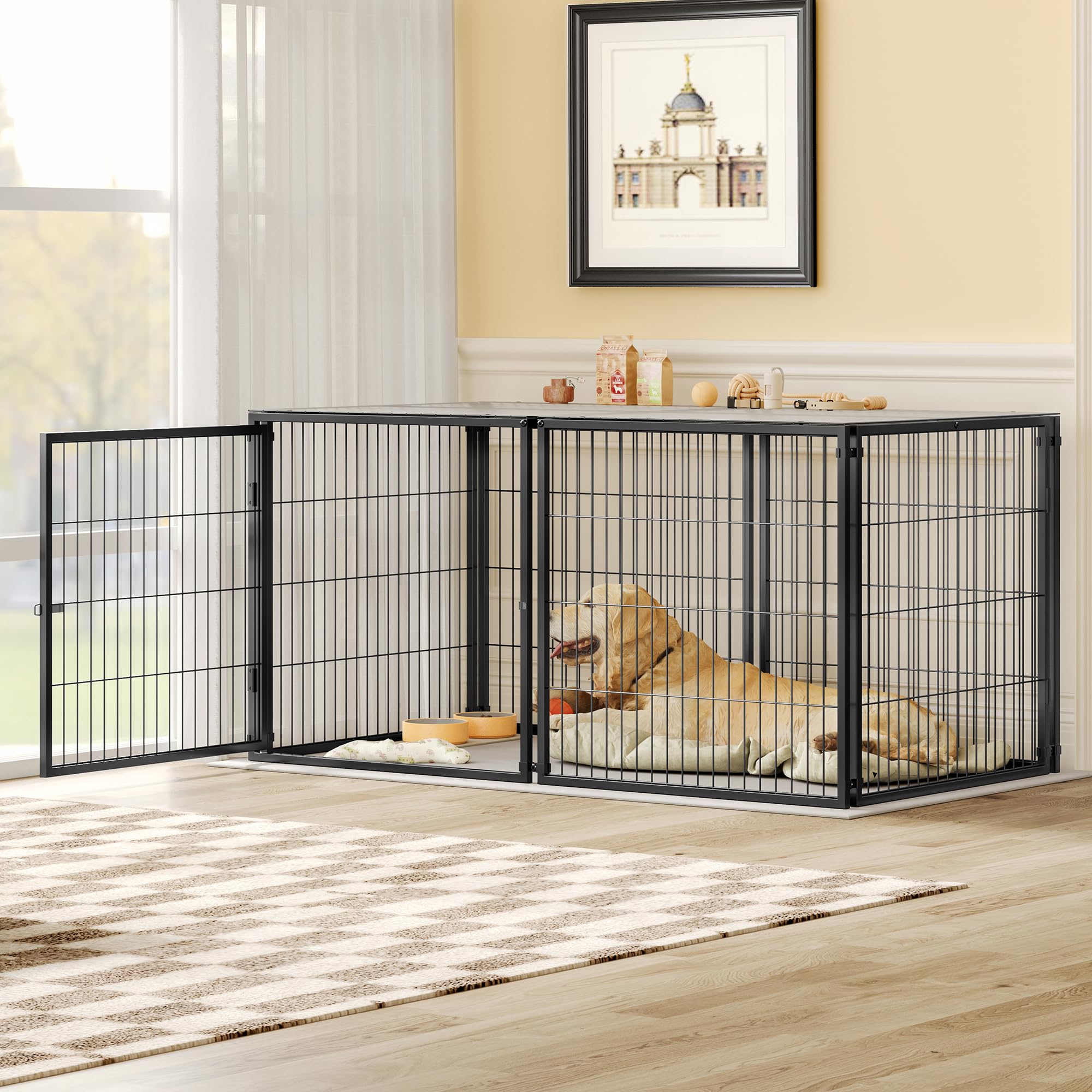 Modularer Hundekäfig Stahl 160x80x80 cm schwarz mit Rostschutz, Sicherheitsdeckel & Verstellbarer Tür – inkl. PVC-Auflage, Flexible Hundebox für große Hunde