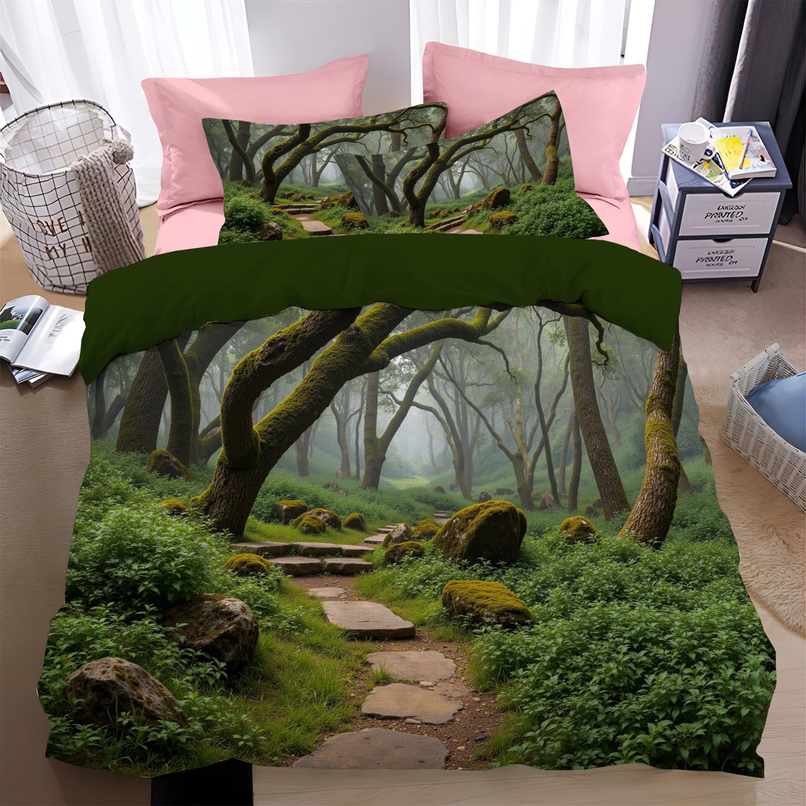 Housse de couette 220x240cm pour lit 2 personnes décor forêt réaliste