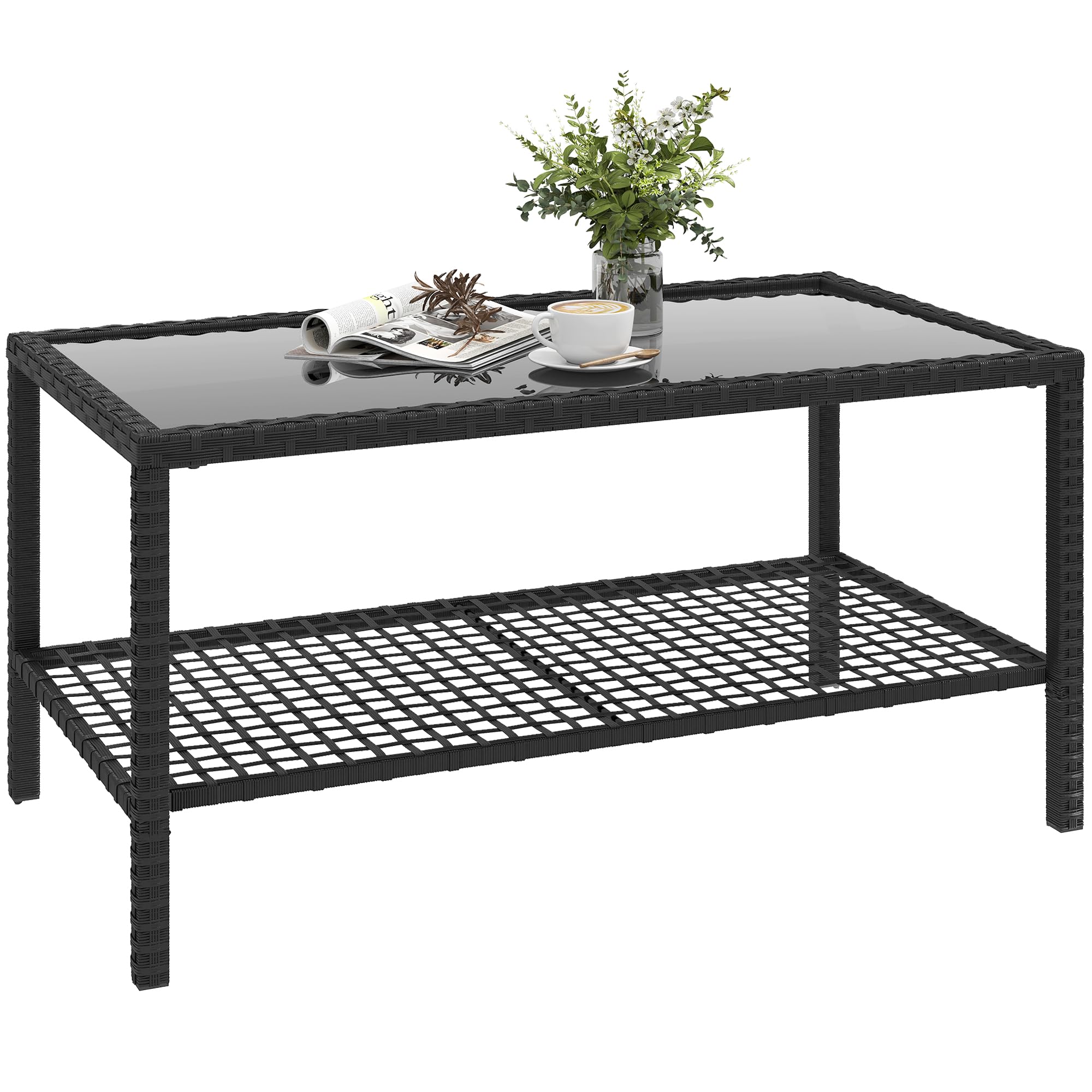 Outsunny Mesa de Jardín de Ratán, Mesita Auxiliar con Estante, Tablero de Vidrio Templado, Estructura de Acero, para Terraza, Patio, Balcón, 92x50x45 cm, Negro