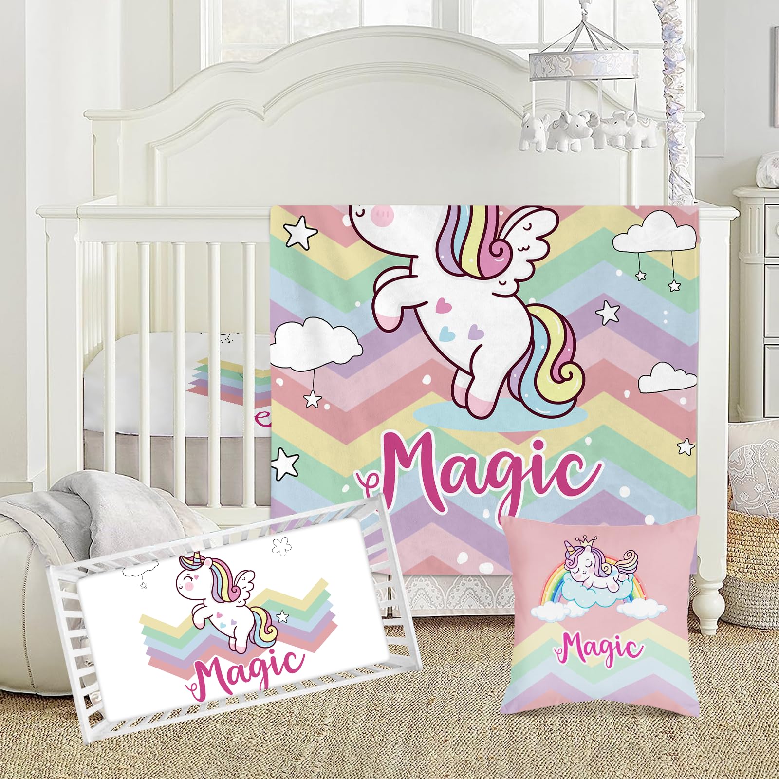 Dyoart Personalized Animal Crib Bedding Set for Toddlers Kids - Customized Name Double Layer Blanket Set for Baby Boys Girls - 3 Pcs Baby Crib Sets, Fitted Crib Sheets Set (Style 03)
