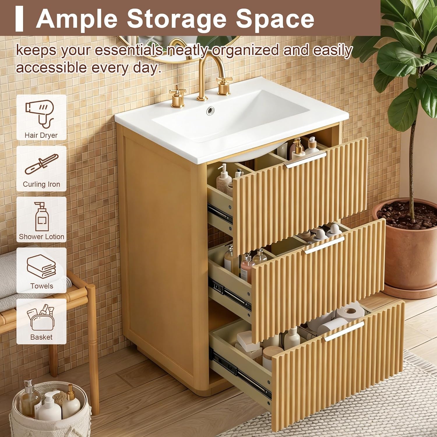 24 Fluted Bathroom Vanity with Ceramic Sink, Bathroom Storage Cabinet with Open Shelf and Closed Storage for Small Room, Easy Assembly & Cleaning, Natural Wood