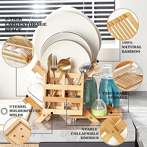 Miniatura 3 de Olioeiao Bamboo Dish Drying Rack for Kitchen - Collapsible 3-Tier Wooden Folding Drainer with Utensil Holder and Dish Strainer Board for Countertop,