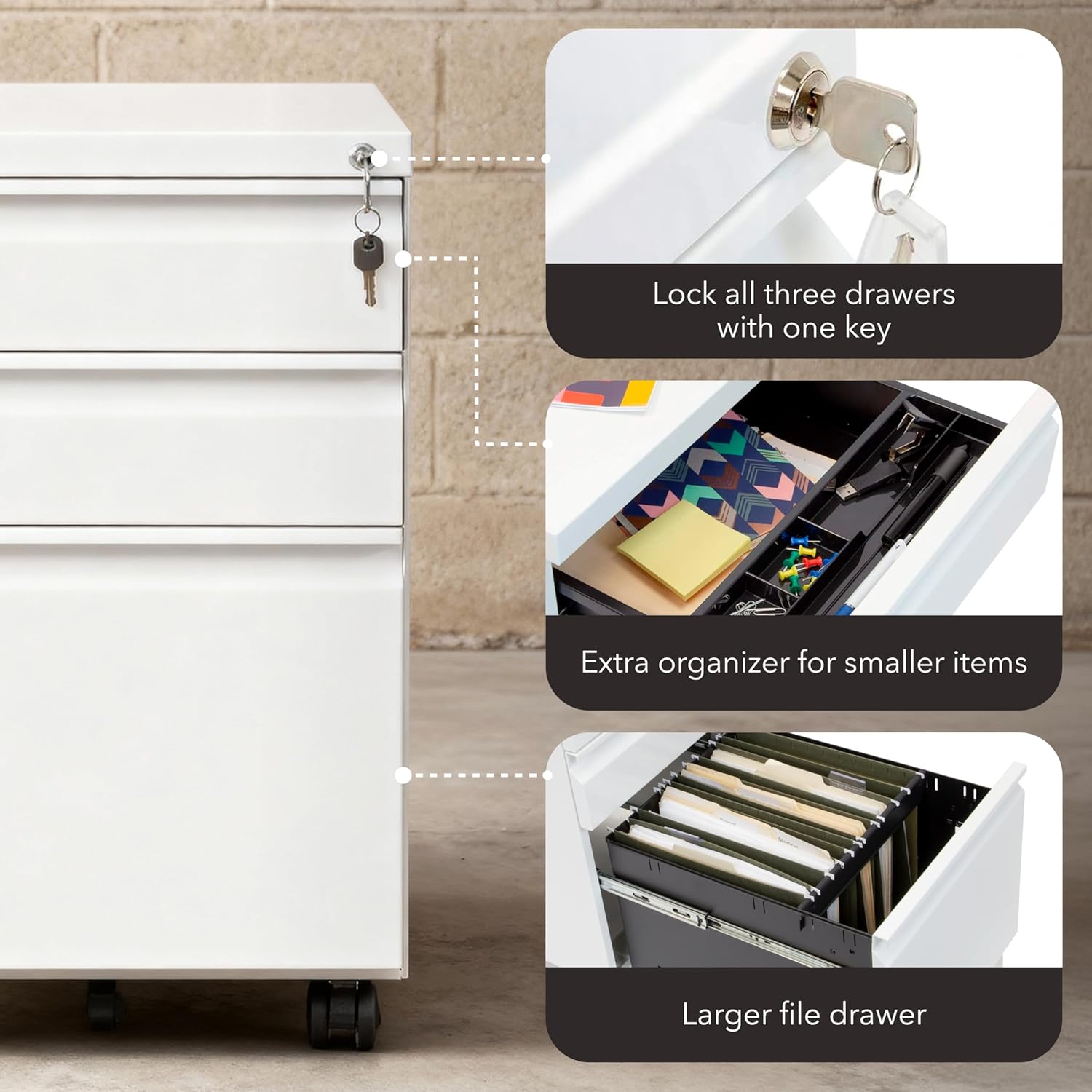 Mount-It! 3 Drawer File Cabinet with Lock and Wheels, Under Desk Storage Filing Pedestal for Home Office, No Assembly Small Rolling File Cabinet for Legal, Letter, and A4 Files in White