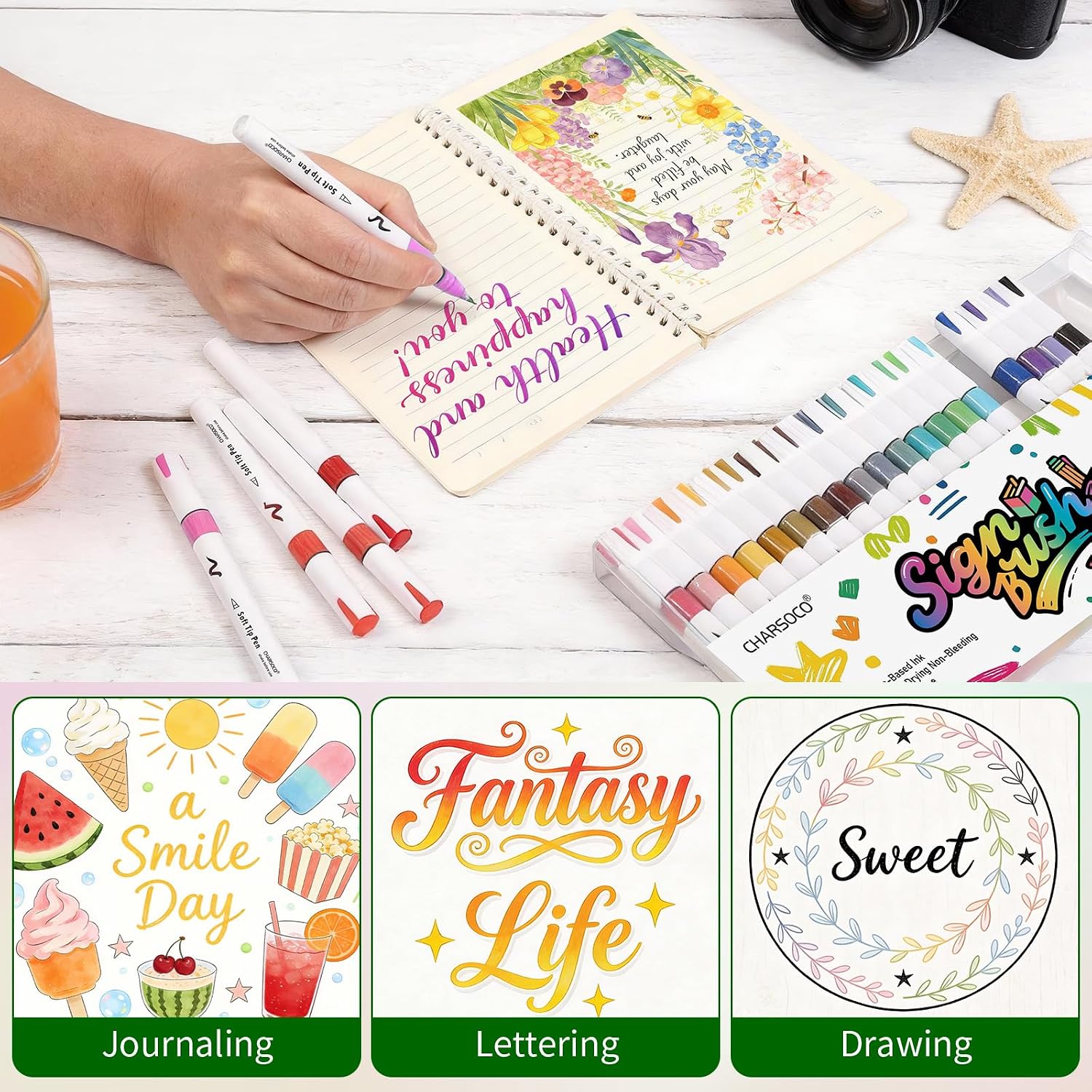 Arts Sign Brush Pens, 24 Colors Calligraphy Brush Pens with Felt Tip, Water Based Ink, Markers for Hand Lettering, Journaling, Art Drawing and Calligraphy