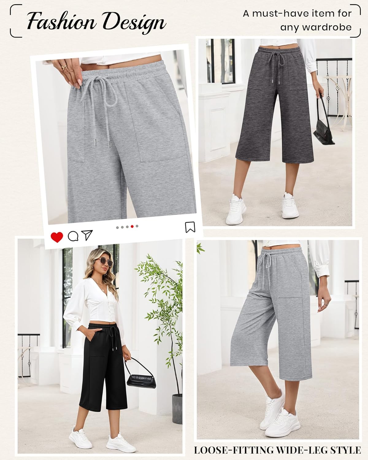3 Pack Women's Capri Sweatpants Wide Leg Capris Casual Drawstring Loose Cropped Lounge Yoga Pants with Pockets