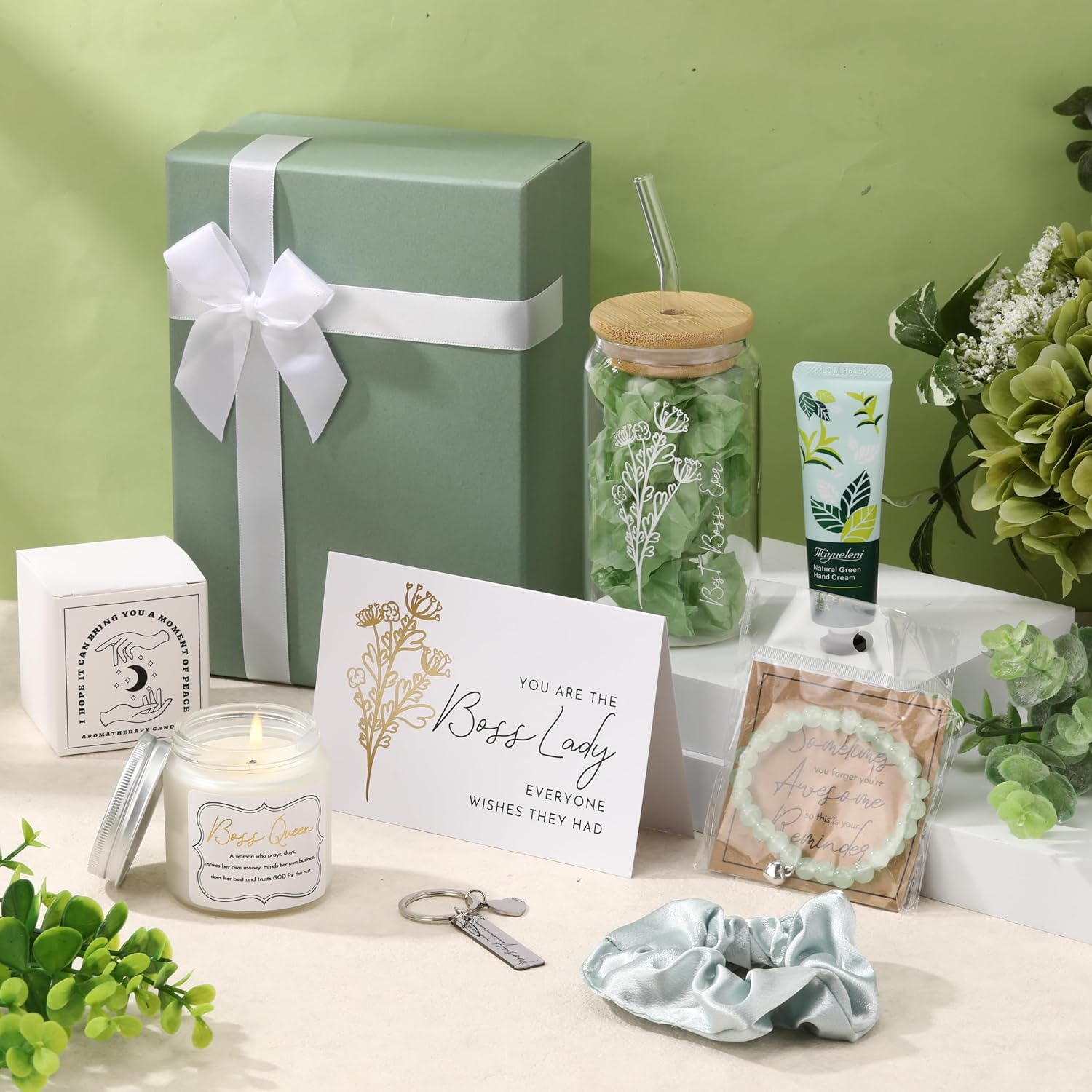 Teenyyou 10 Pcs Boss Lady Gifts Best Boss Appreciation Gift Set for Her with Tumbler Candle Bracelet Hand Cream Keychain Hair Tie Card Box for Office Lady Leader Coworker Women(Green)