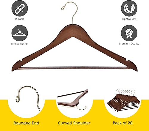 Miniatura 2 de Perchas de madera de calidad  Juego de 20 ganchos ligeramente curvados  Perchas de madera maciza con elegantes ganchos cromados  Ropa resistente