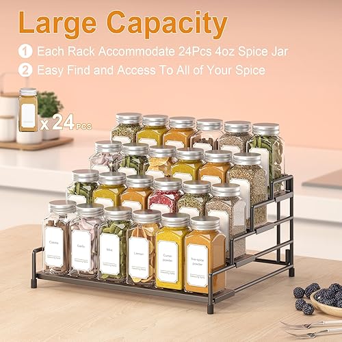 Miniatura 5 de Organizador de especias de 4 niveles para gabinete, profundidad ajustable para armario de despensa, organizador de condimentos de metal, estante