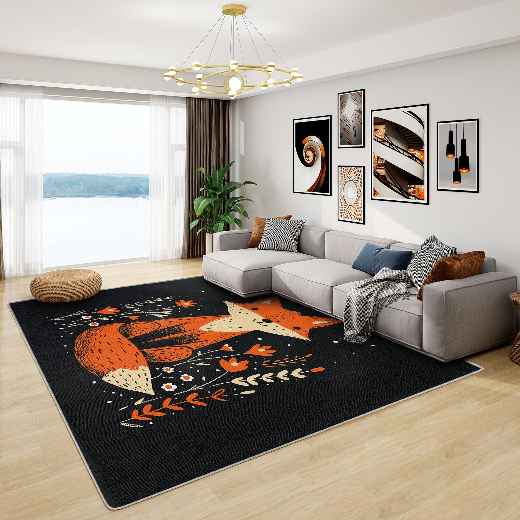 Fox Rug Nursery - Woodland Animal Rug, Kids Cute Cartoon Rugs for Living Room Bedroom, Washable Non Slip Soft Large Carpet, Patterned Area Rugs & Home Decor 120x180 cm