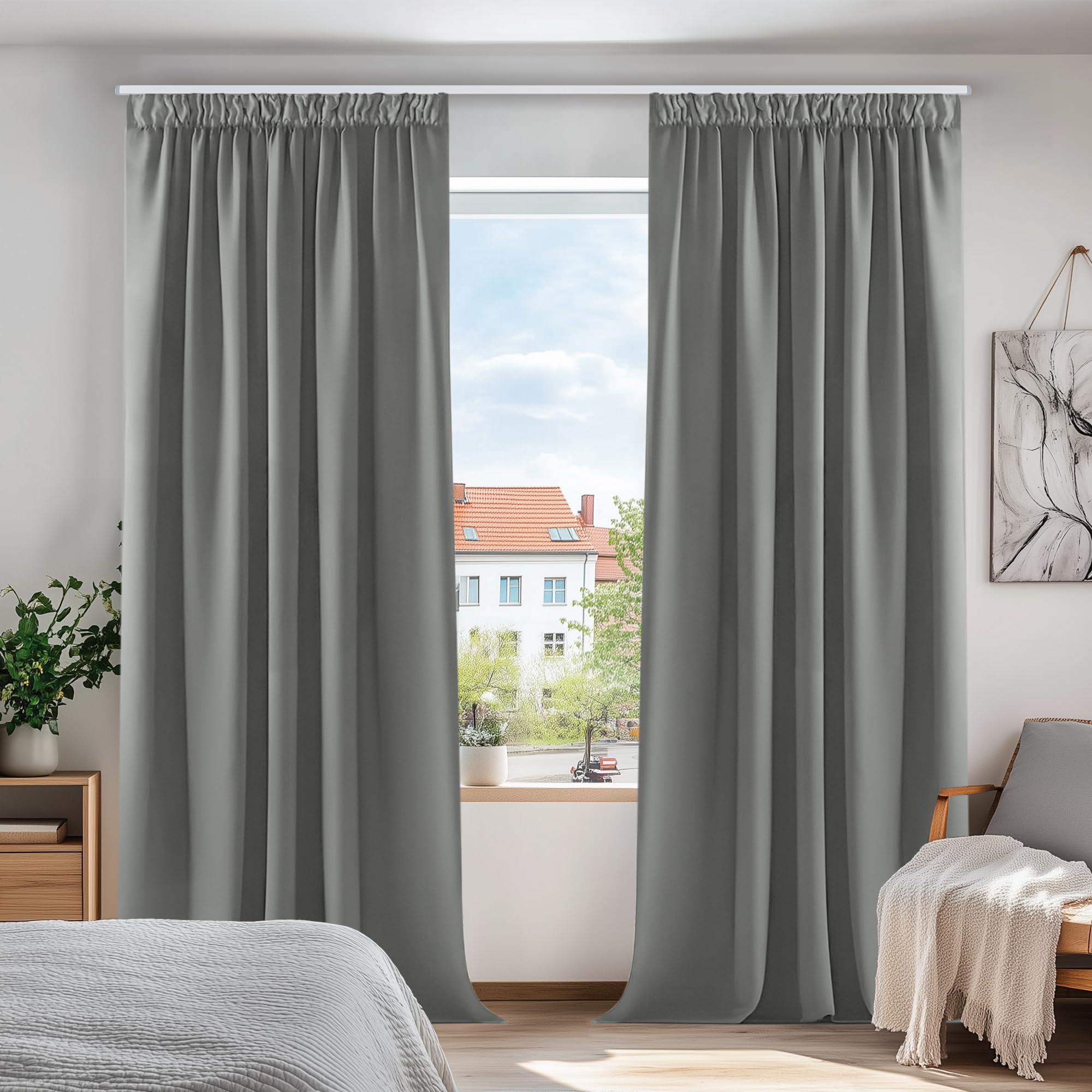 Deconovo Vorhänge mit Kräuselband Blickdicht Kälteschutz Vorhang Verdunkelung Gardinen Wohnzimmer, 175x140 cm(HöhexBreite), Hellgrau, 2er Set
