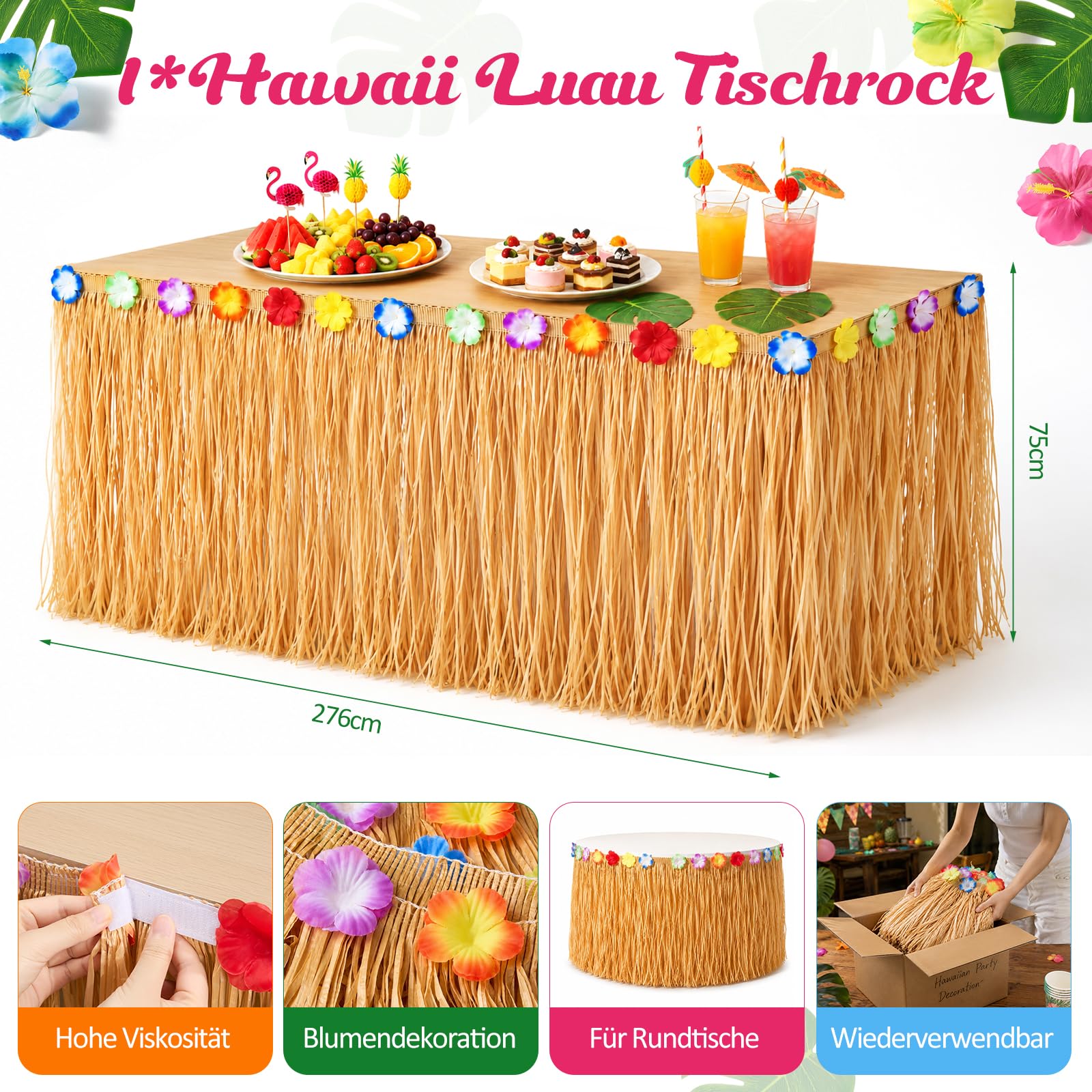 Hawaii Party Dekoration Set, 97PCS Tropische Party Dekoration Set, Hawaii Luau Tischröcke, Girlanden, Palmblätter, Ananas Flamingo Regenschirm Obst Stroh Kombition zum Grillen, Gartensommer
