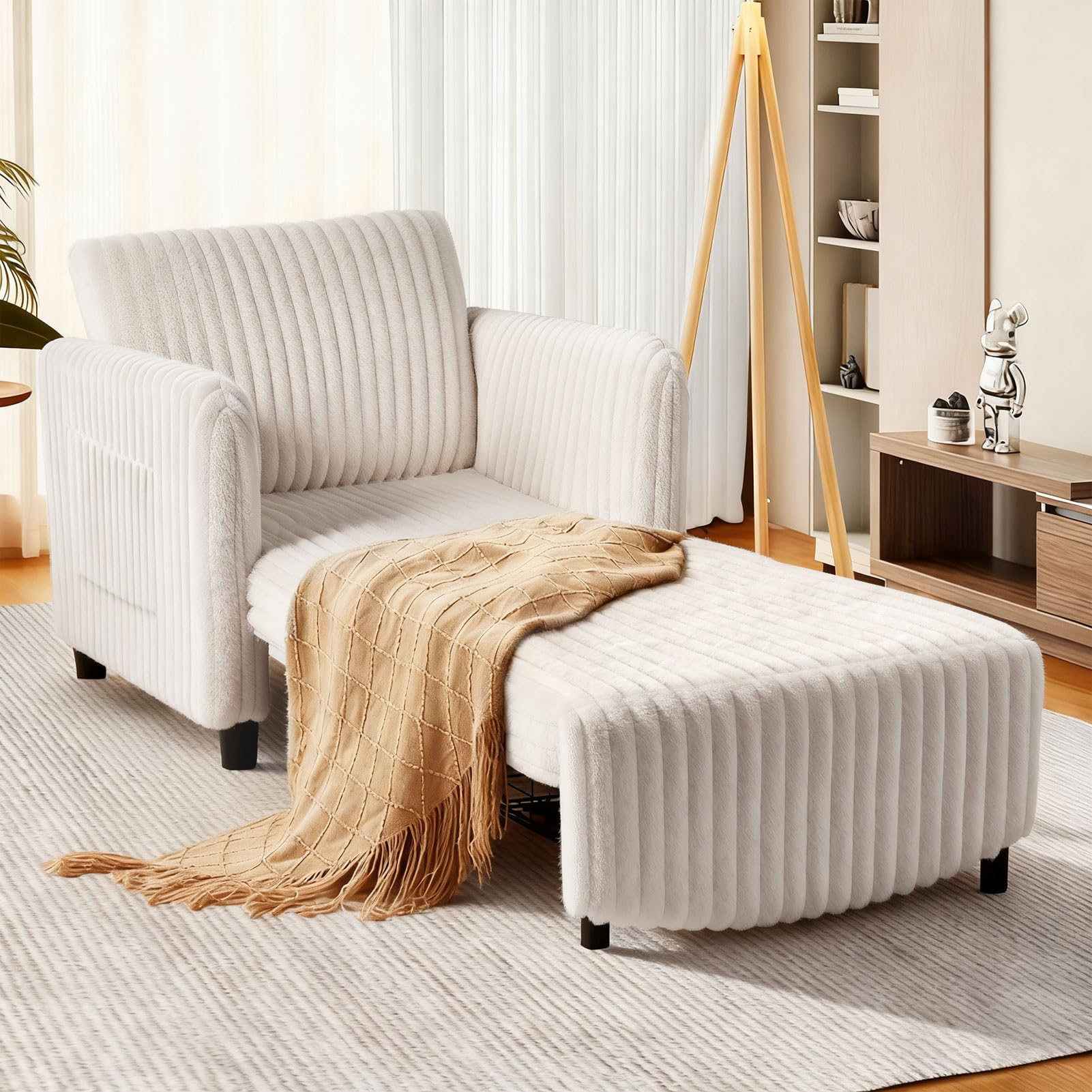 Sleeper Chair, 84" Extra Long Convertible Chair Bed, Upgraded 3-in-1 to 4-in-1 Pull Out Chair &amp; Single Sofa Bed for Adult, Sleeping Chairs for Living Room, Small Space Faux Rabbit Fur White