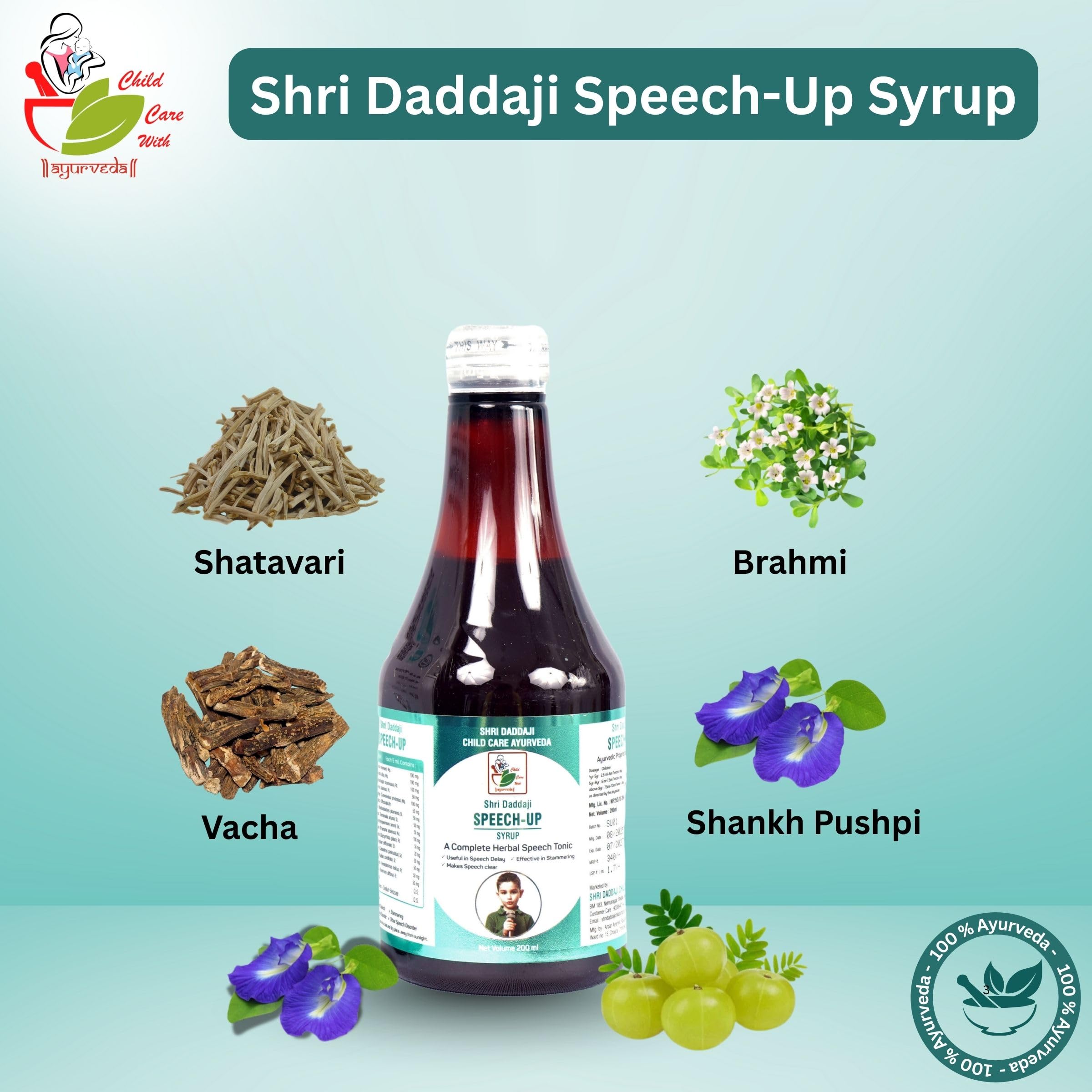 Shri Daddaji Speech-Up Syrup, 200ml, Ayurvedic Herbal Speech Tonic with Vacha, Brahmi and Shankhpushpi, Useful in Speech Delay, Makes Speech Clear - Image 2 thumbnail