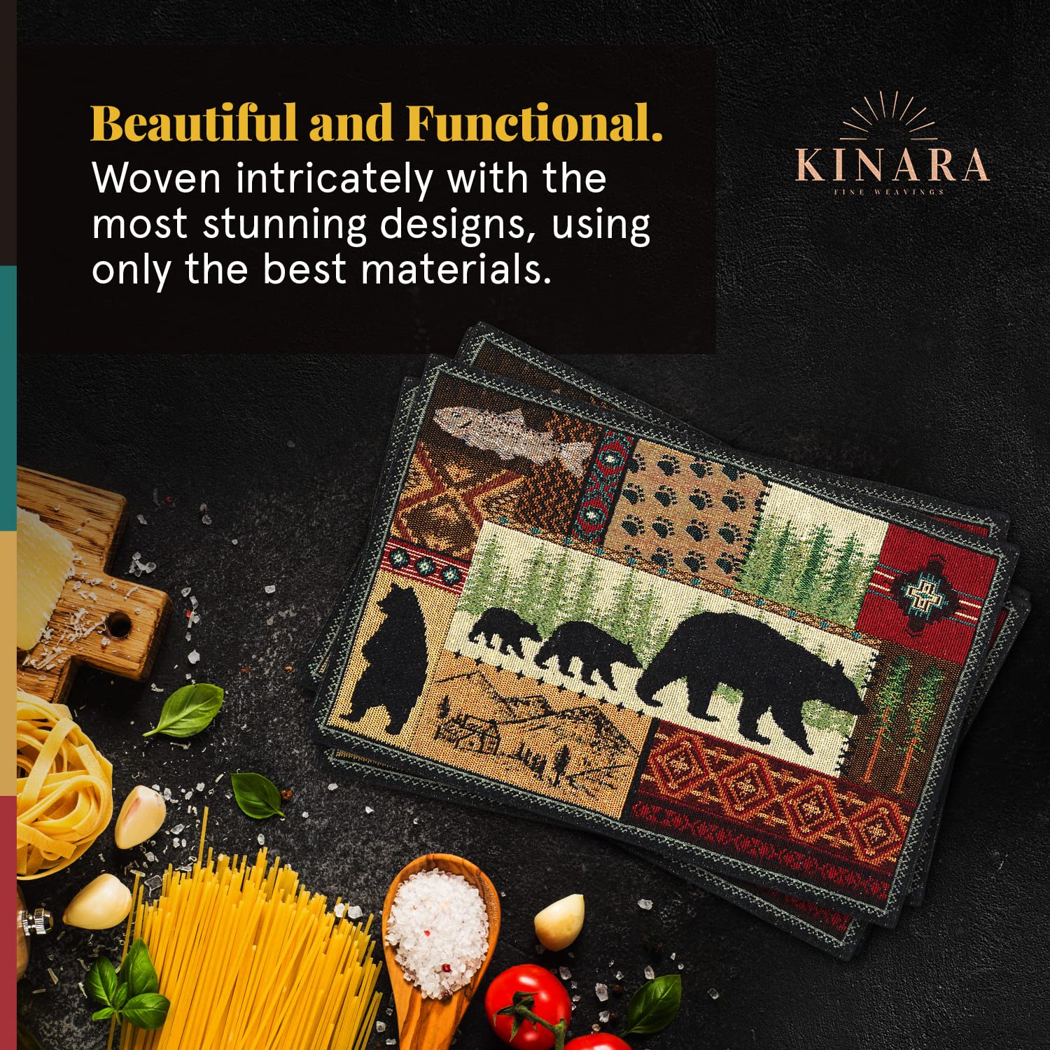 Kinara Lodge Platzdeckchen 4er-Set – Cabin quadratische Tischsets mit Schwarzbär, Elch, Hirsch, Jagd, Wildnis rot
