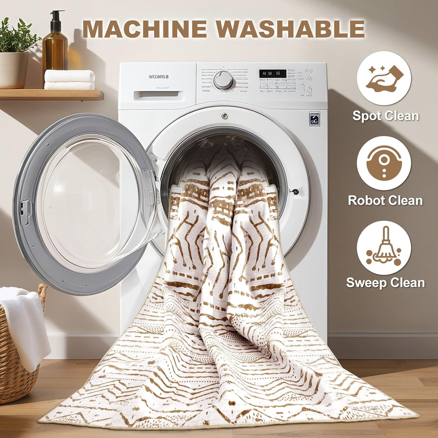 nakagishi 7x9 area rugs living room: washable boho large neutral soft farmhouse rug stain resistant modern indoor floor non-slip carpet for bedroom nursery playroom office dining dorm- white brown white brown 7' x 9' (rectangular)