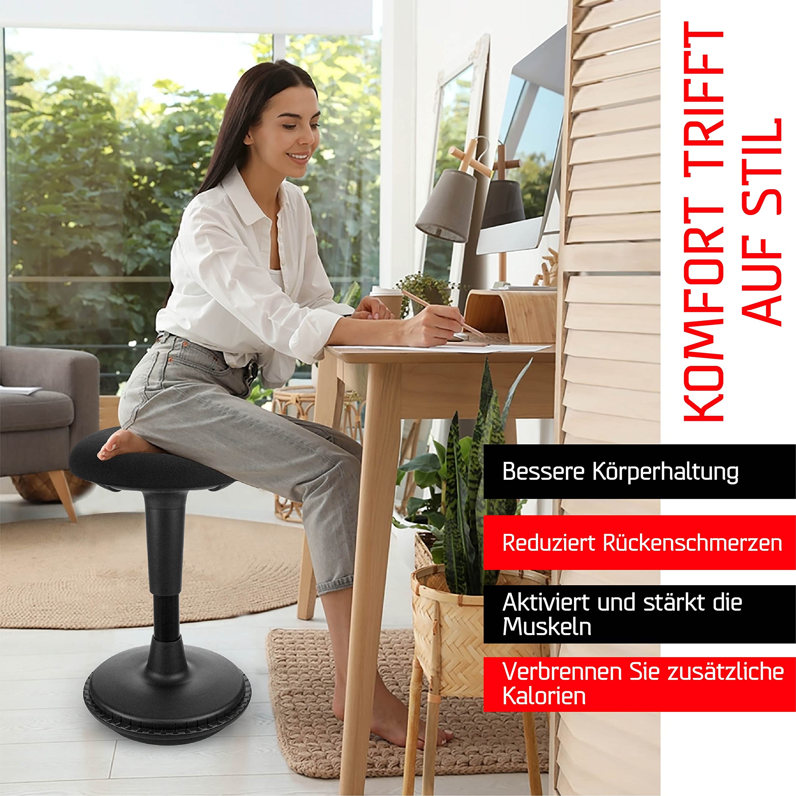 Ergonomischer Hocker höhenverstellbar zum Sitzen & Stehen (Schwarz, 45-65 Variante) - Sitzhocker Bürohocker ergonomisch - Schreibtischhocker mit Schwingeffekt - Stehhilfe