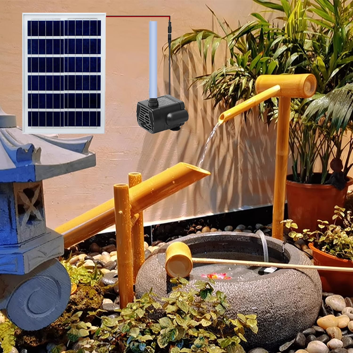 asdchZen Solar Zen Garden Water Fountain, Traditional Rocking Water Fountain, Bamboo Water Fountain With Pump, Fountain With Bamboo Rafts And Bamboo Spoons, For Indoor Outdoor Hom