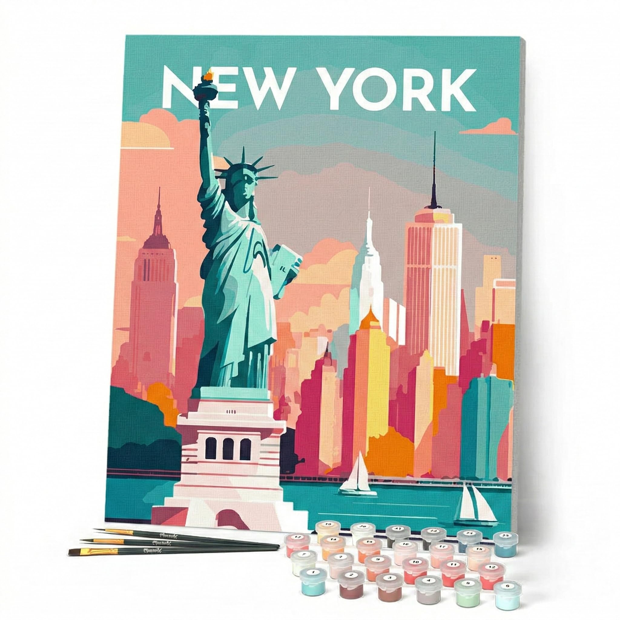 Figured'Art Paint by Numbers for Adults with Frame Travel Poster New York 40x50cm - Craft Art Painting DIY Kit Canvas Already Stretched on a Wooden Frame